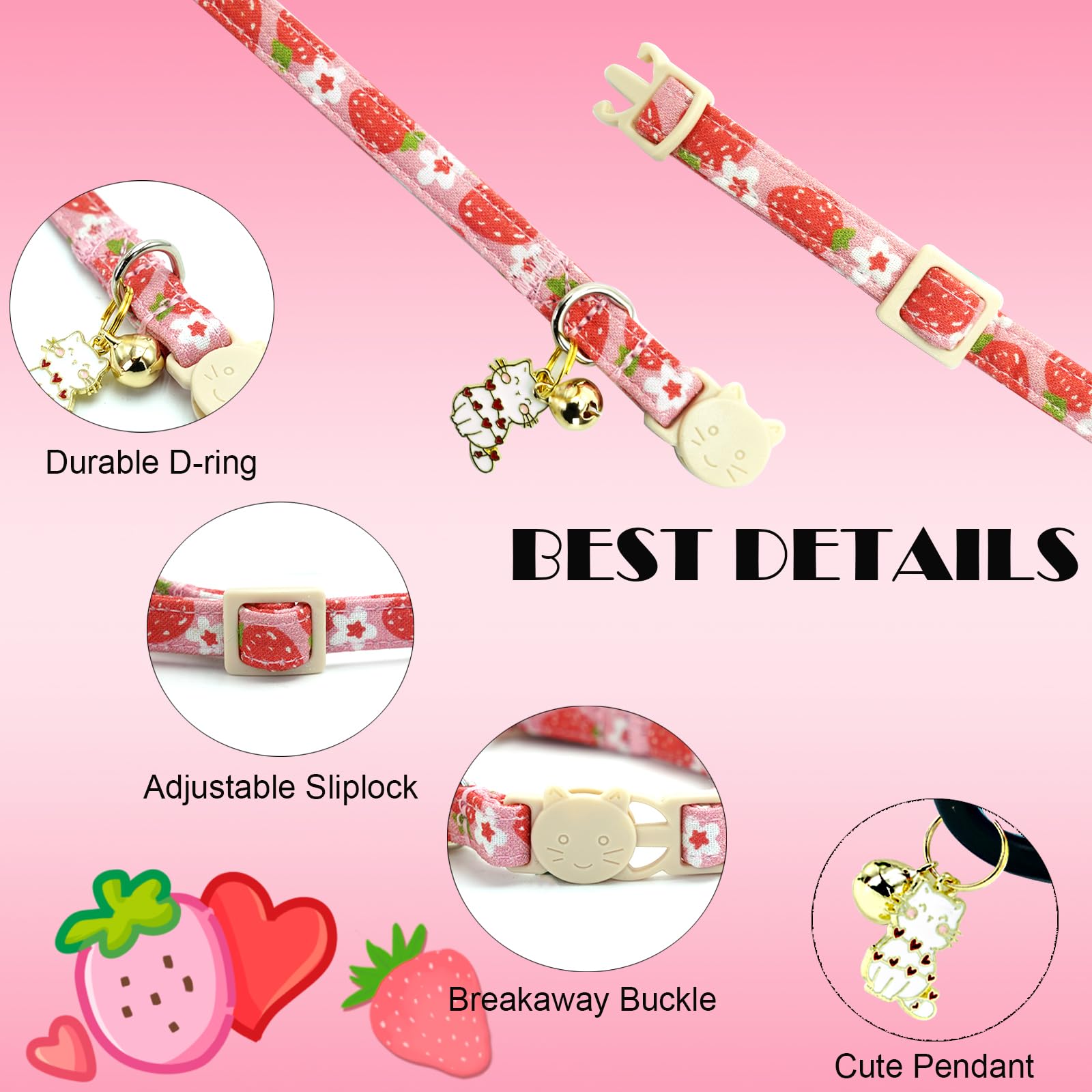 Elegant Little Tail 2 Pack Cat Collar-Pink Print Cotton Breakaway Cat Collars With Bell Pendant Kitten Boy Girl Safety Adjustabl
