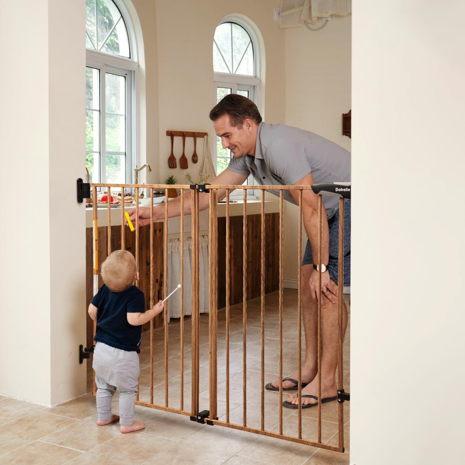 Babelio 34' Extra Tall Baby/Dog Gate With No Threshold Design Walk Thru Door, 26-43' Auto Close Safety Gate For Babies, Elders And Pets, Fits Doorways, Stairs, And Entryways, Brown Wood Pattern