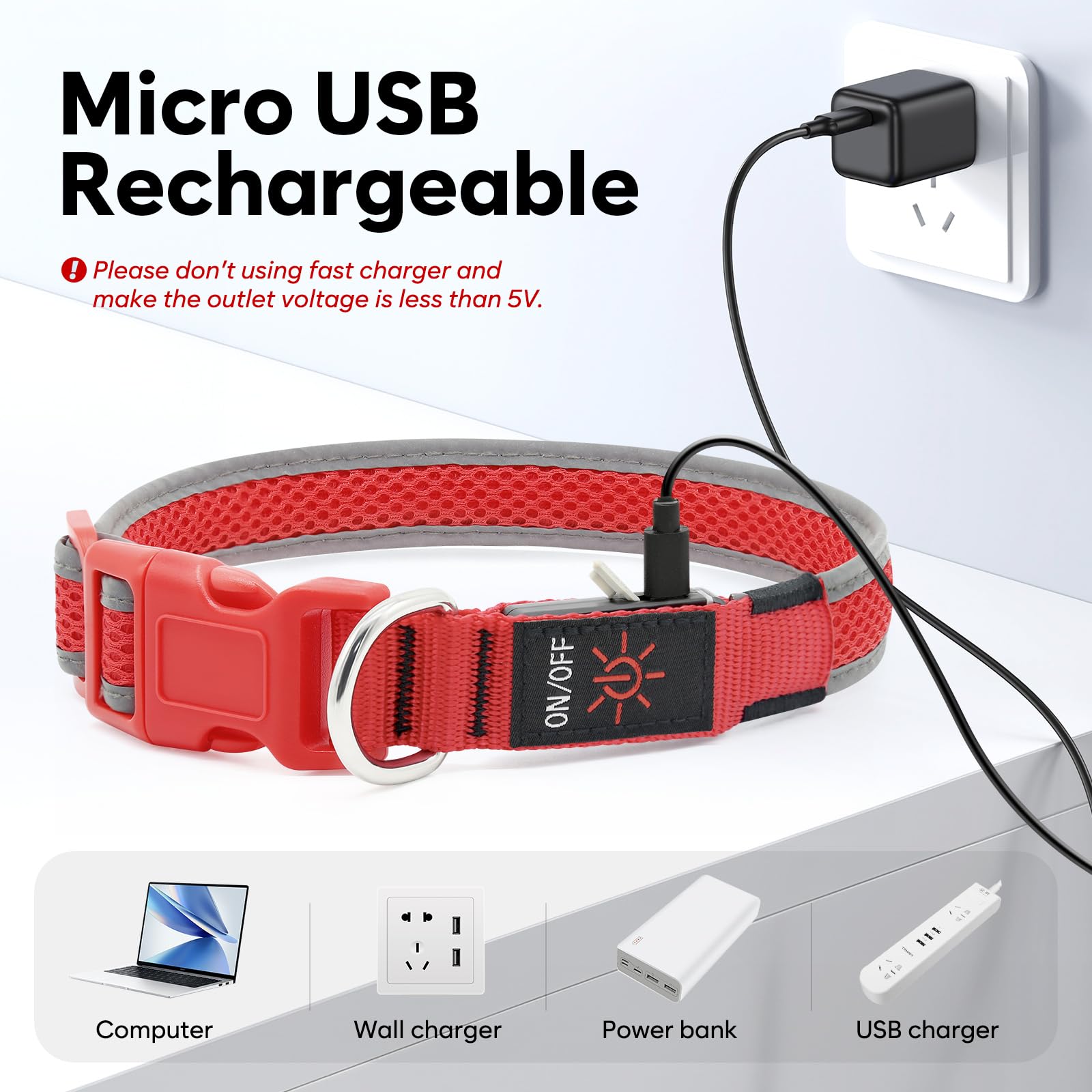 Flashseen Led Dog Collar, Usb Rechargeable Light Up Dog Collar Lights, Adjustable Comfortable Soft Mesh Safety Dog Collar For Small, Medium, Large Dogs(Small, Ruby Red)