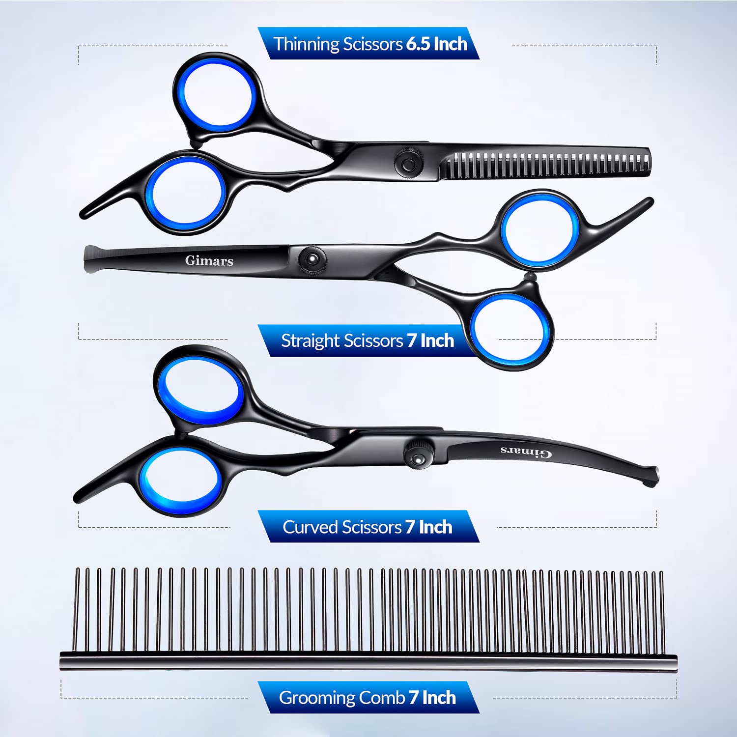 Gimars Dog Grooming Scissors Kit Professional 4Cr With Safety Round Tip, 5 In 1 Heavy Duty Titanium Coated Thinning & Curved & Straight Shears Black