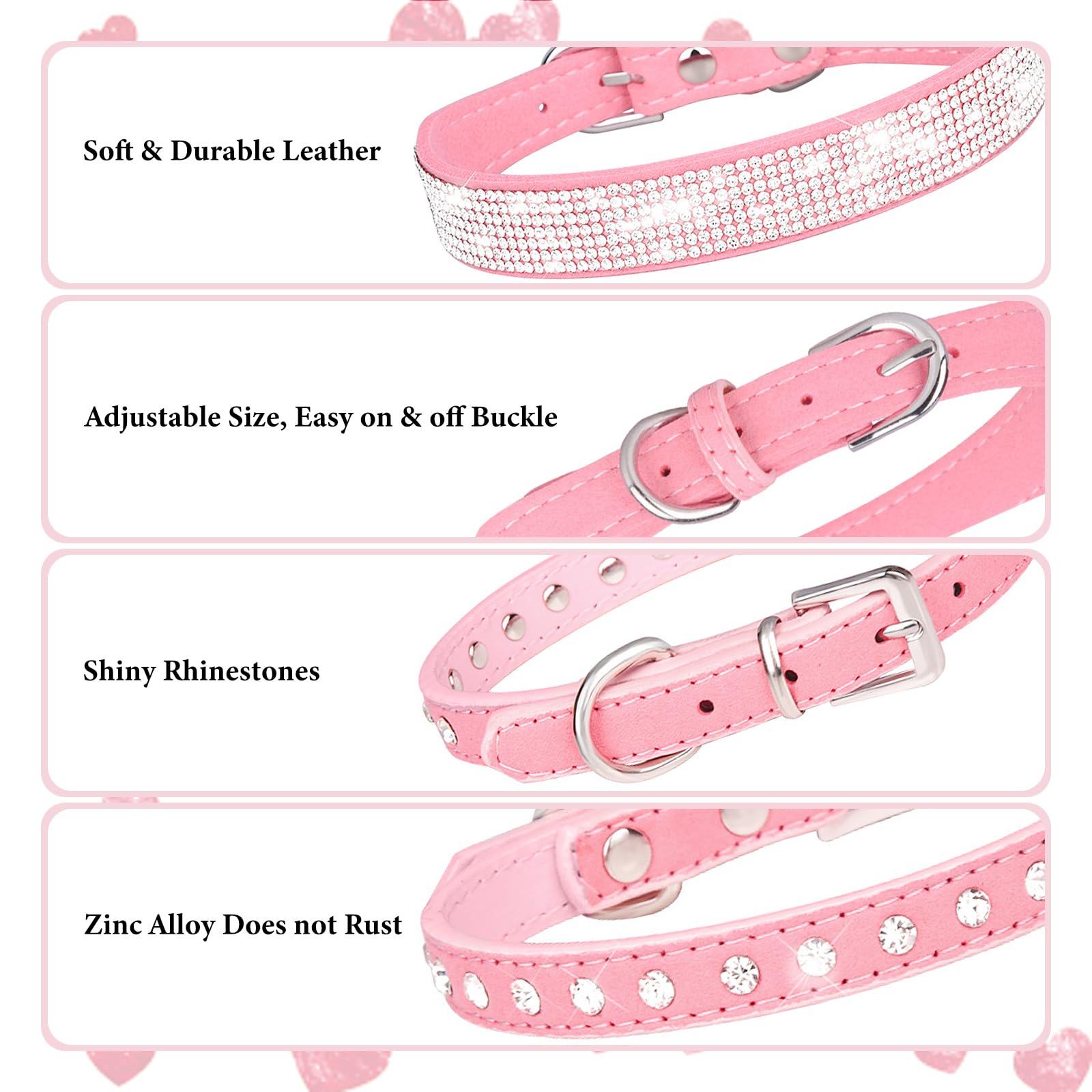 Pink Bling Dog Collars For Medium Dogs, 2-Pack Rhinestone Dog Collar Soft Suede Glitter Diamond Jewelry Crystal Female Puppy Col