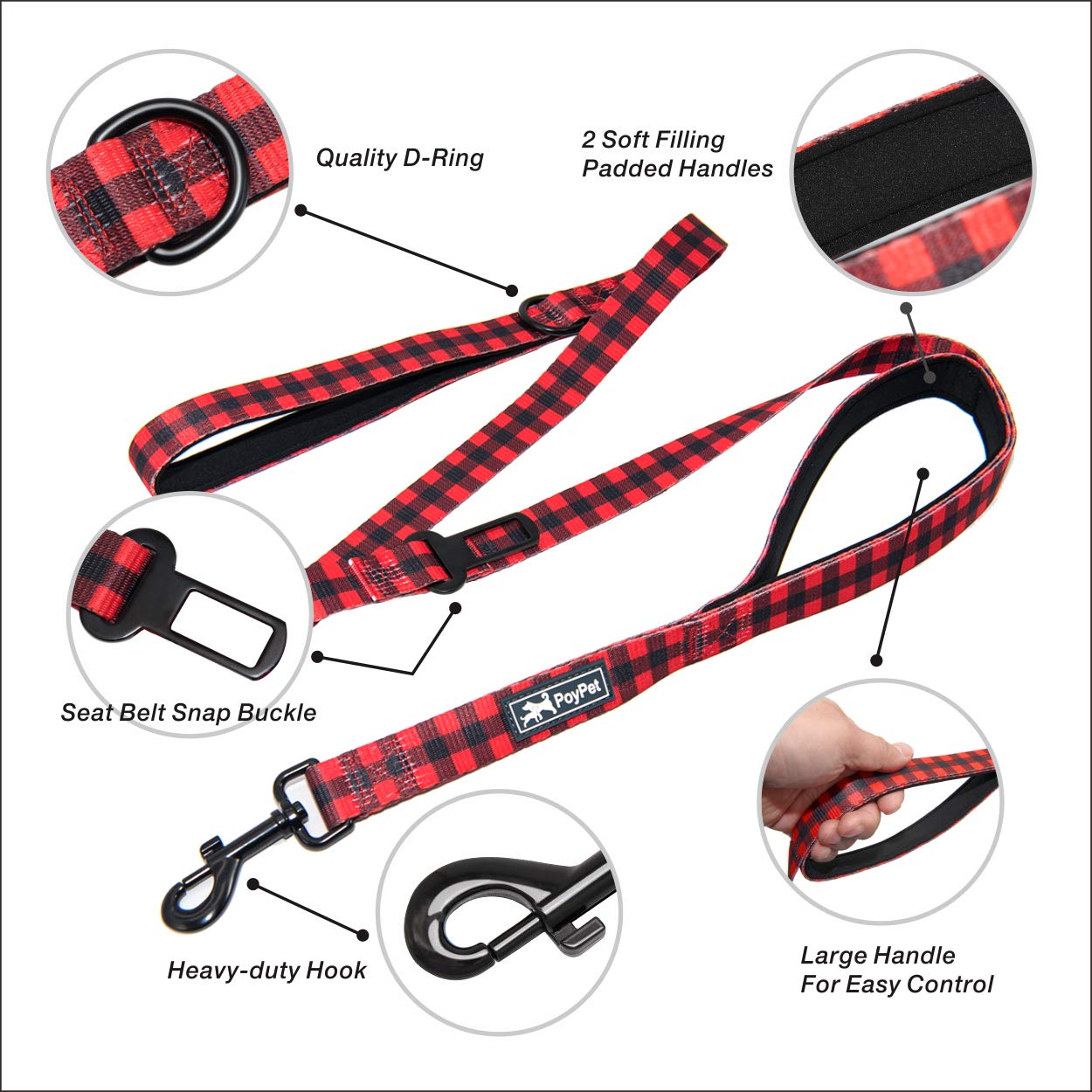 Poypet 5 Feet Dog Leash - 2 Cushioned Handles - Functional Car Seat Belt - Fashionable Pattern, Buffalo Plaid(Checkered Red, L)