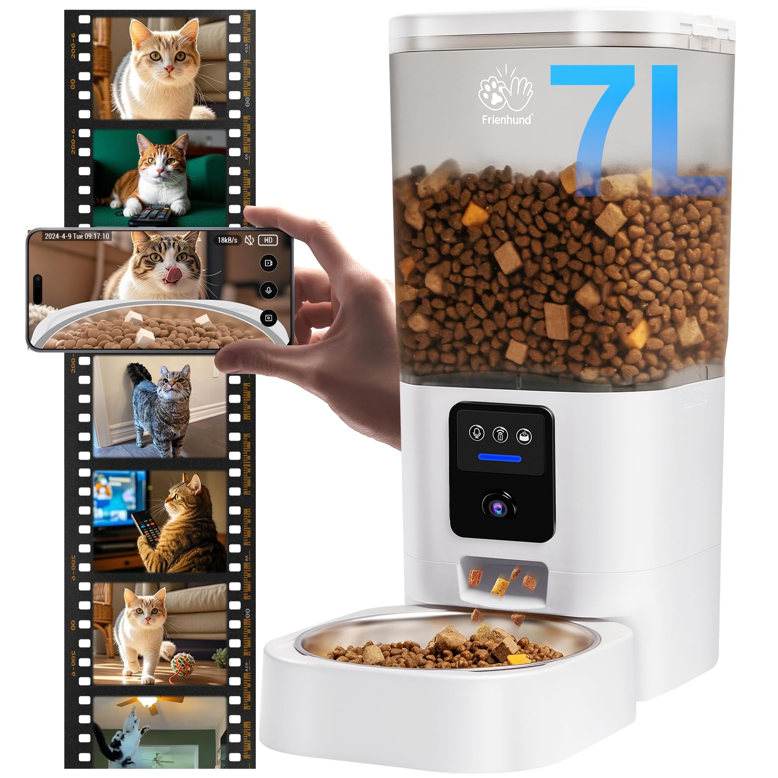 Automatic Cat Feeder with 2K Camera: 5G WiFi Automatic Dog Feeder with Night Vision, Auto Cat Food Dispenser with 7L Large Pet F