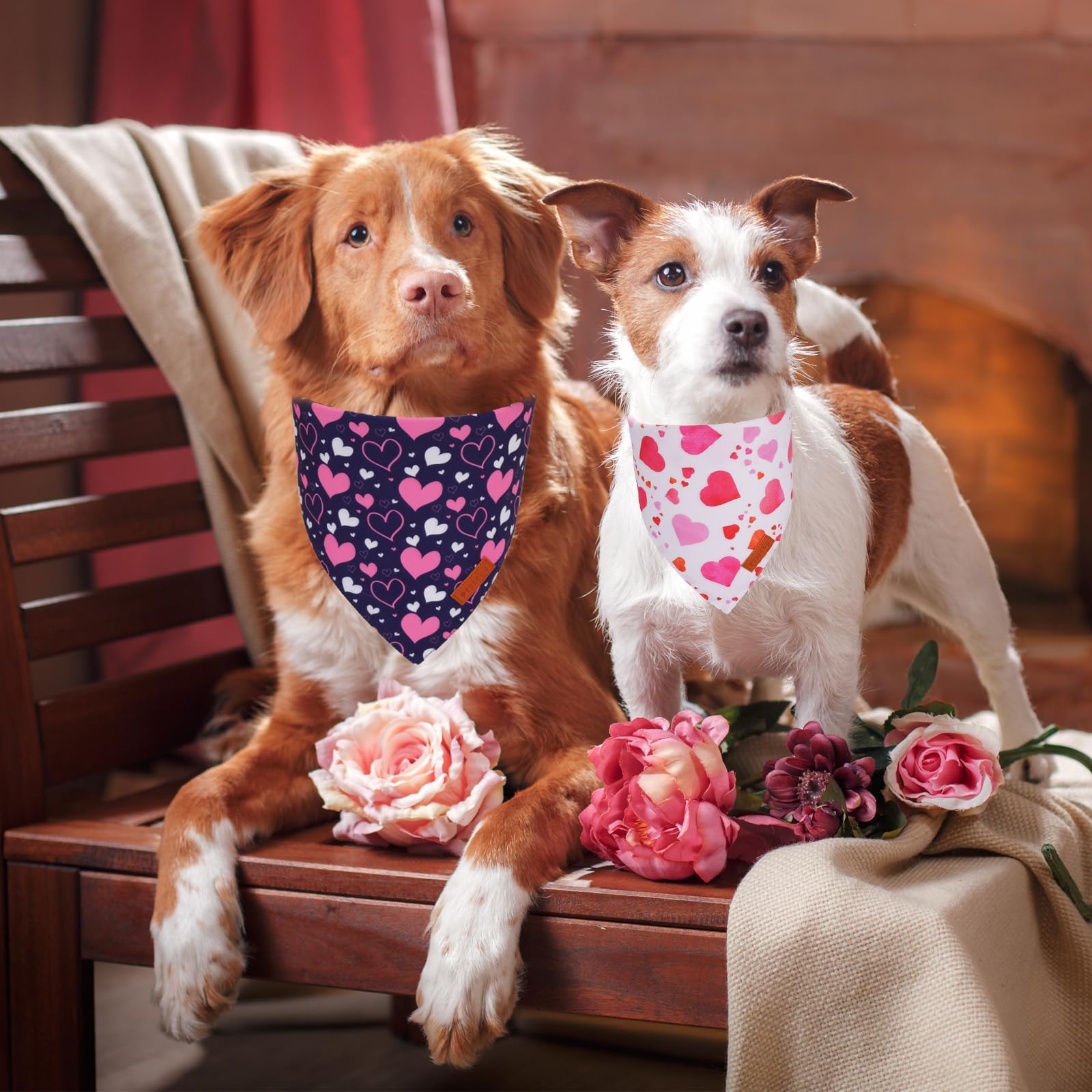 Ptdecor Valentine Dog Bandana, White Purple Love Heart Design Reversible Dog Scarf, Triangle Valentine Bandanas For X-Large Pets