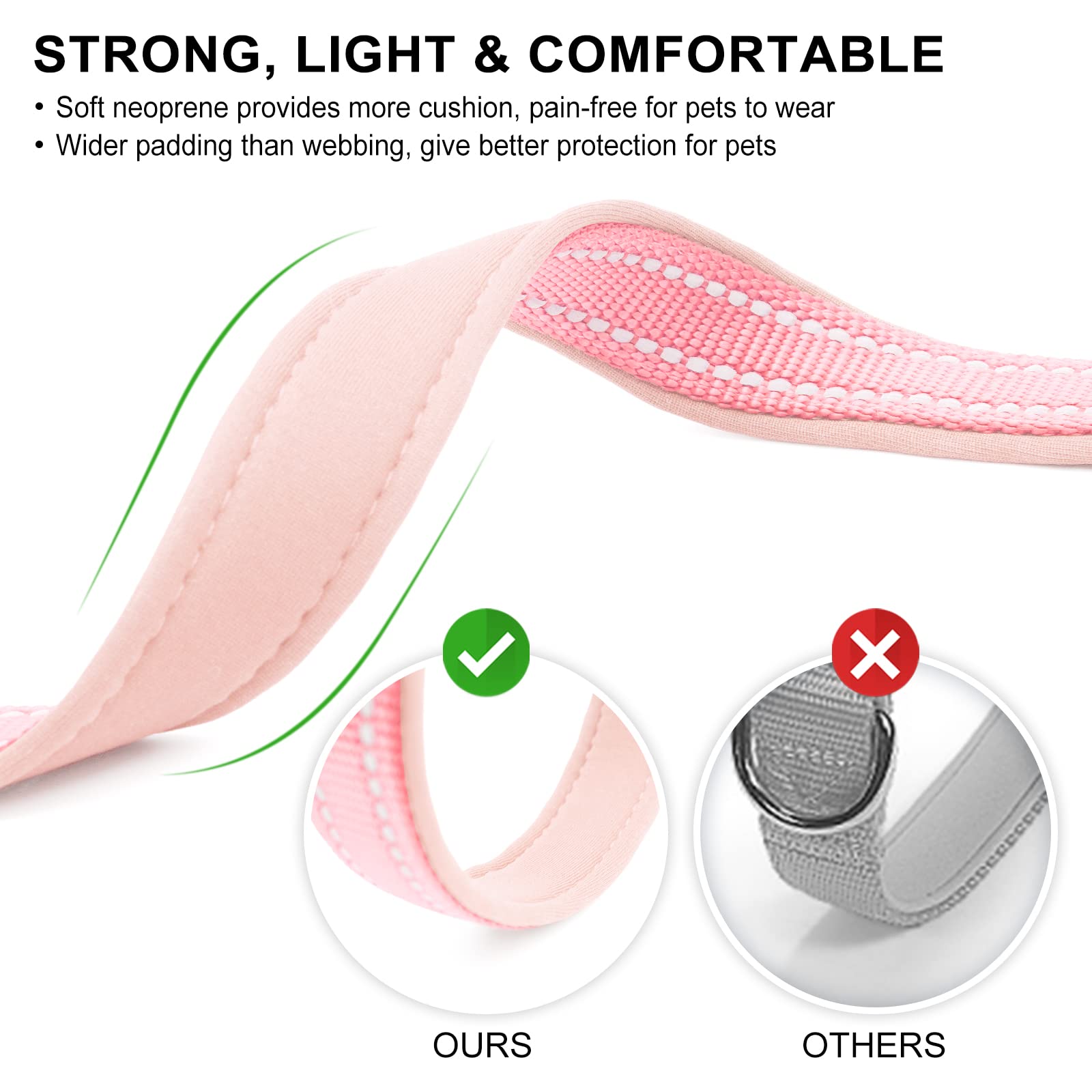 Azuza Reflective Dog Collar,Soft Neoprene Padded Pet Collar With Id Tag Ring,Adjustable For Large Dogs,Pink,L