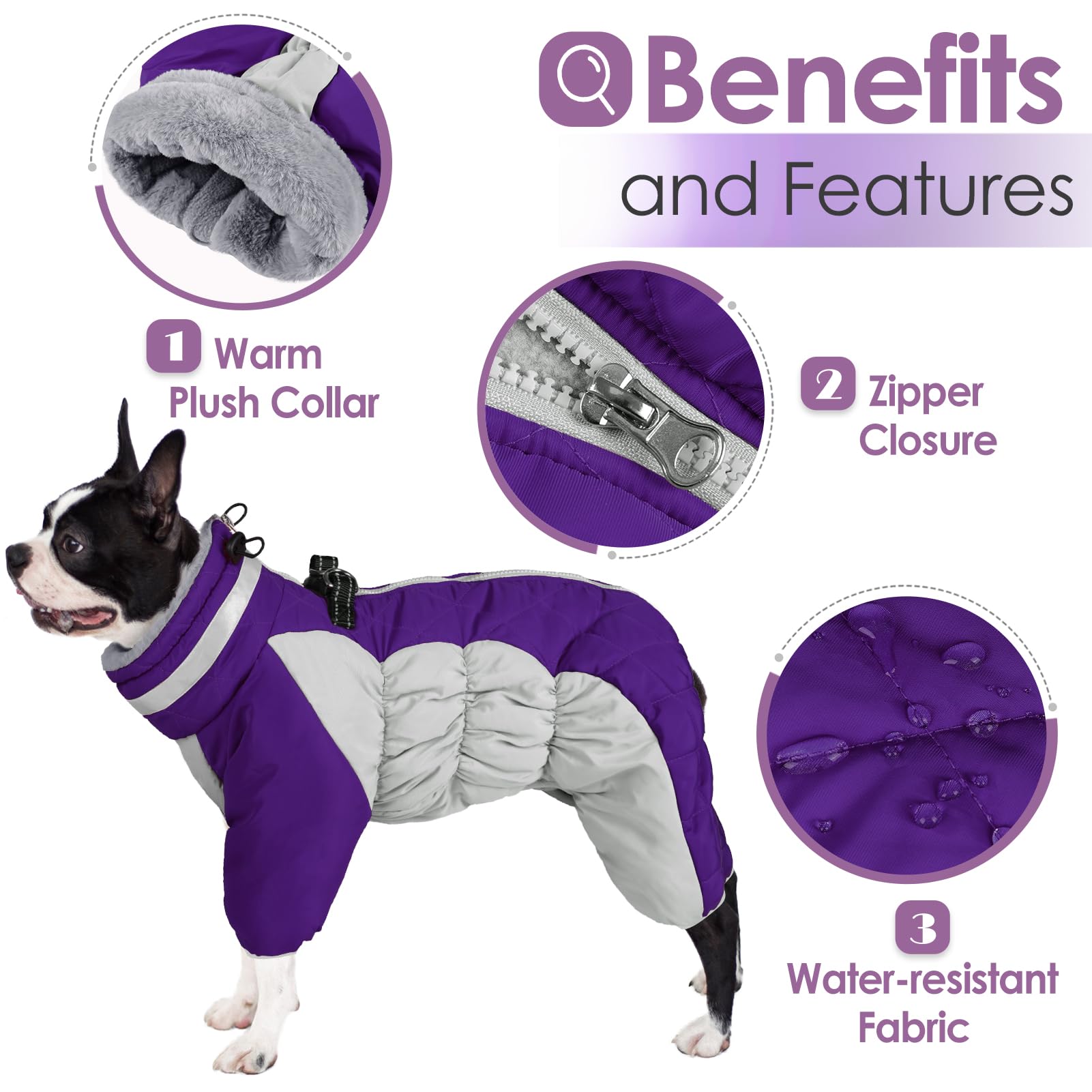 AOFITEE Large Dog Jacket - Warm Winter Coat with Built-in Harness, Reflective Turtleneck, Windproof Snowsuit, Four-Legged Fleece