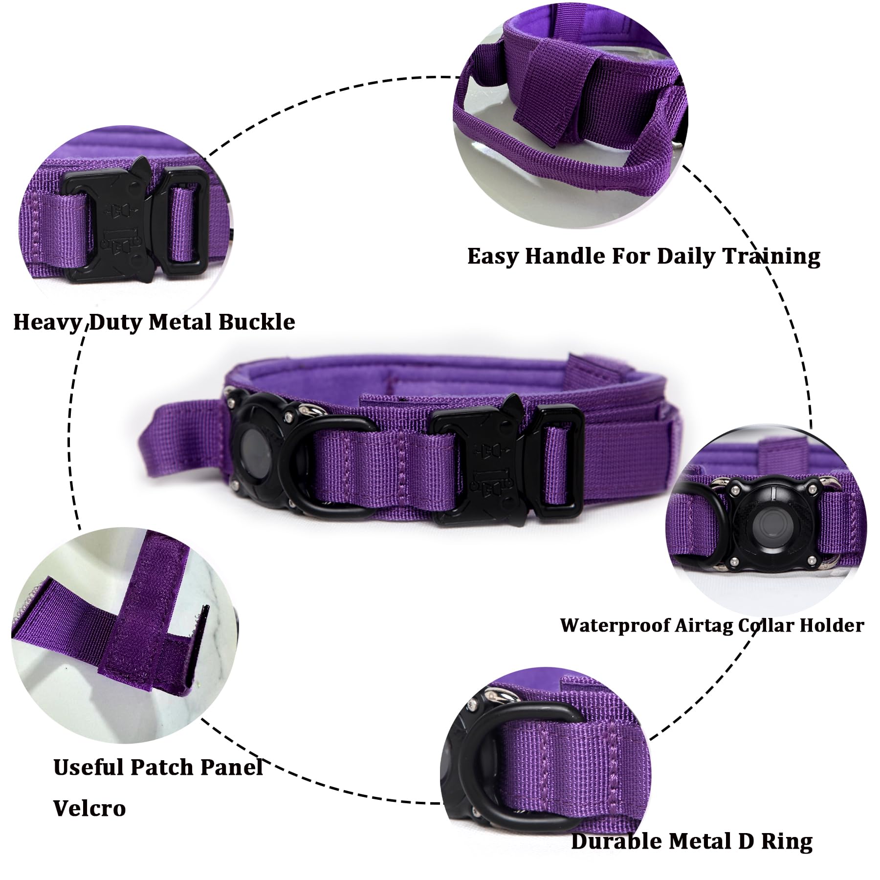 Xqpetlihai Tactical Dog Collar With Airtag Holder, Control Handle, Waterproof & Dustproof, Soft & Comfortable, Large, Purple