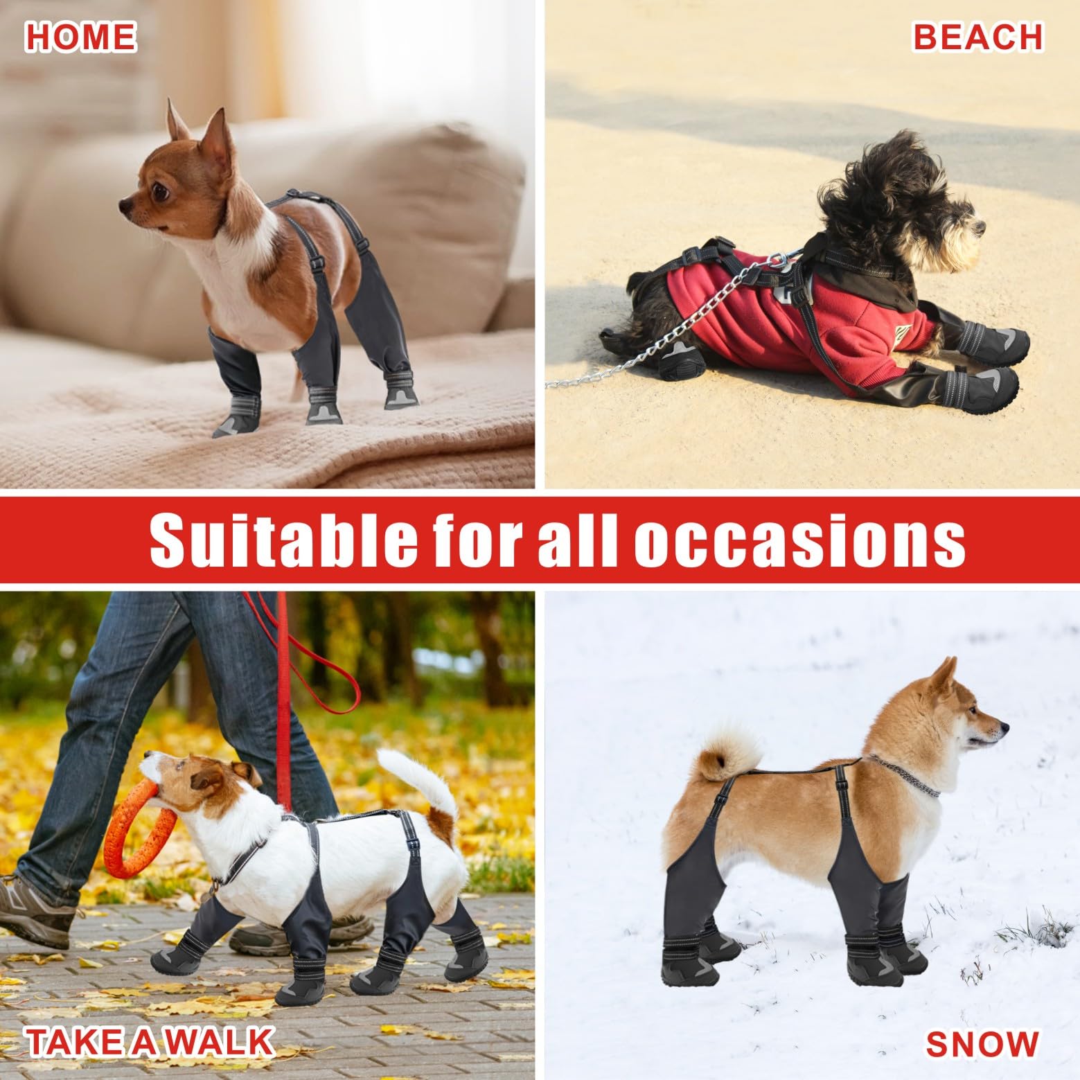 Idepet Dog Suspender Boots - Anti-Slip Waterproof Shoes for Winter Snow Rain Hiking - Adjustable Tall Leggings Paws Protector (B