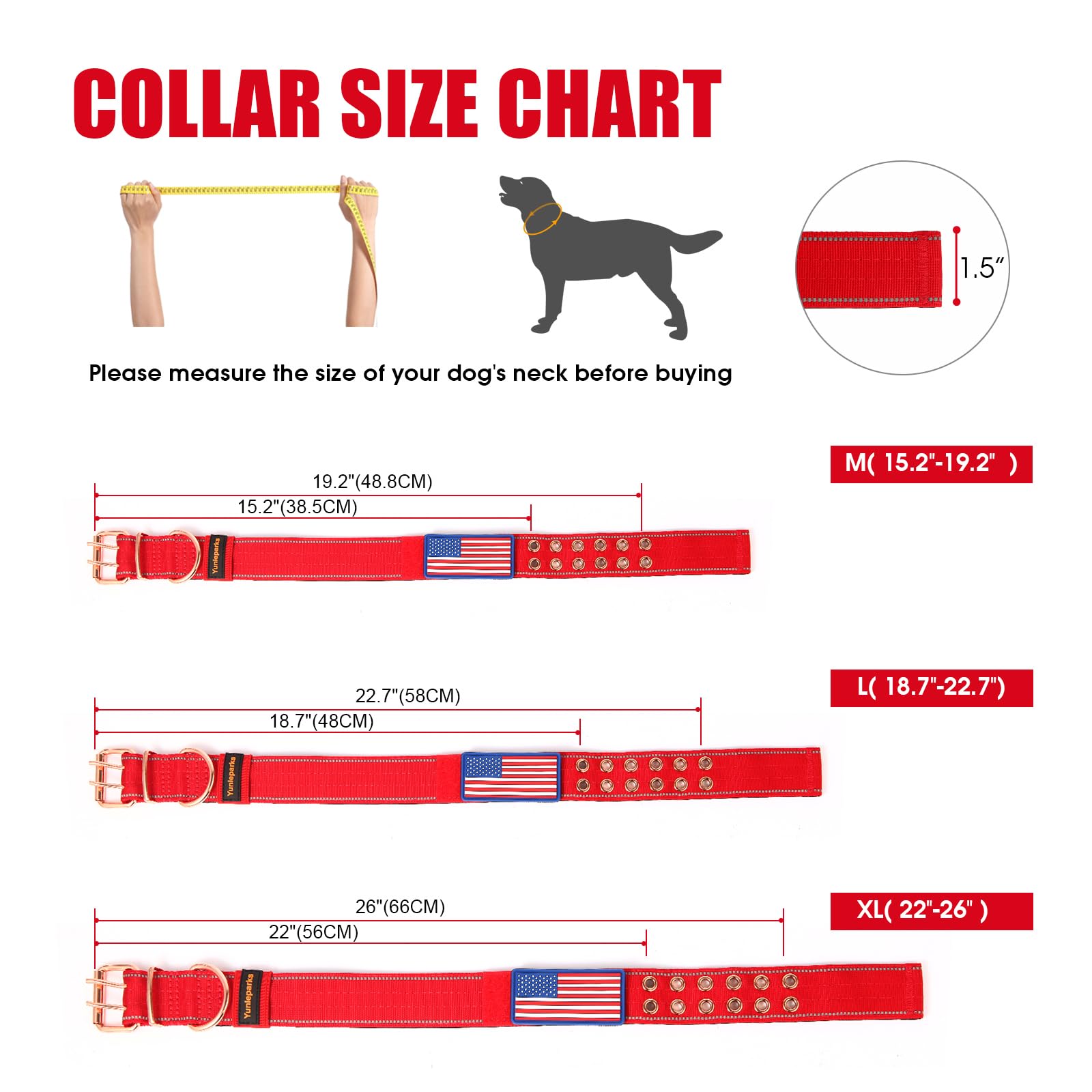 Yunleparks Heavy Duty Tactical Dog Collar With Neoprene Padded And Metal Buckle, Reflective Nylon For Medium To Large Dogs(Red,