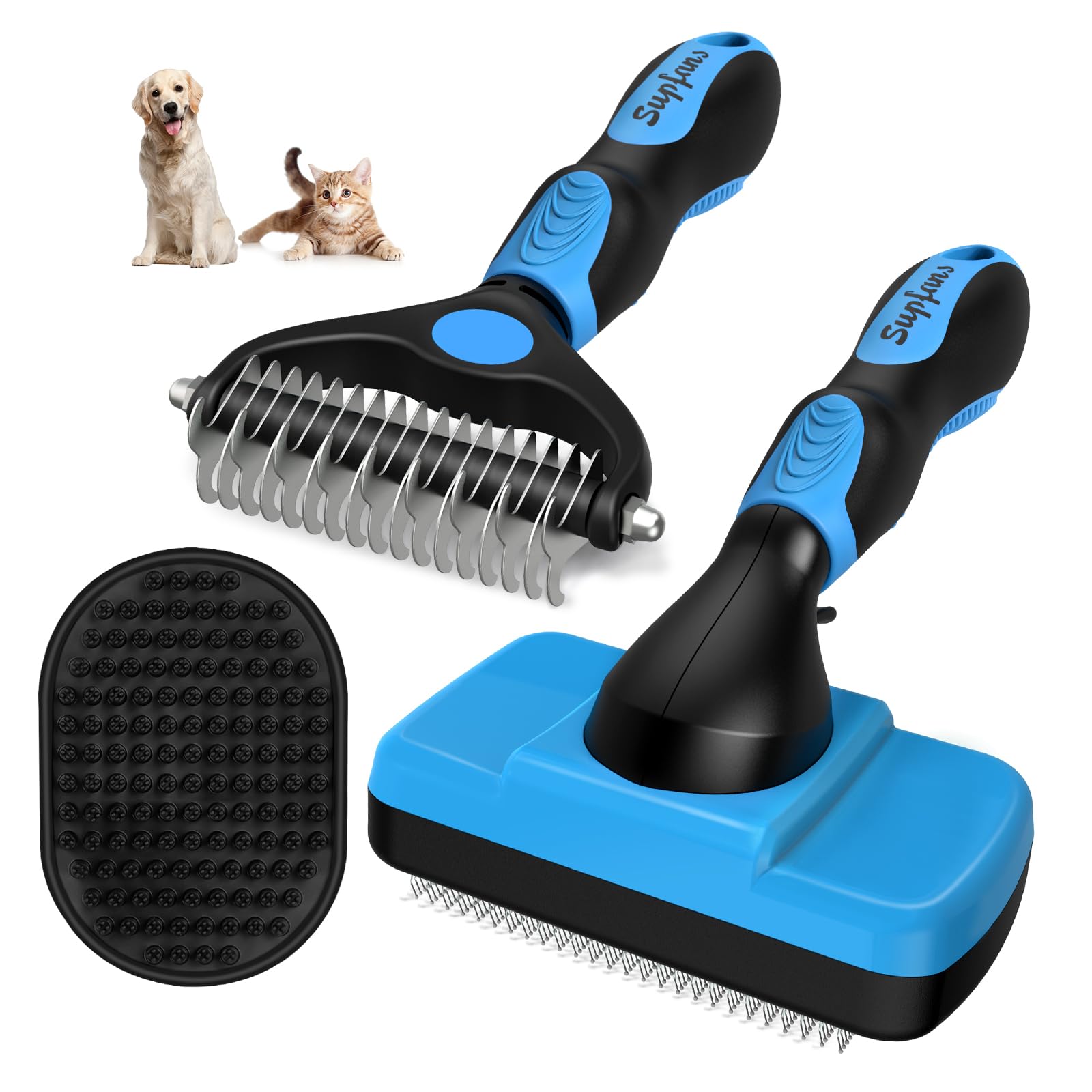 Augwind 3Pcs Dog Brush I Dog Brush For Shedding I Deshedding Dog Brush I Dog Bath Brush I Slicker Brush For Dogs I Dog Comb I Premium Pet Supplies (Blue Black)