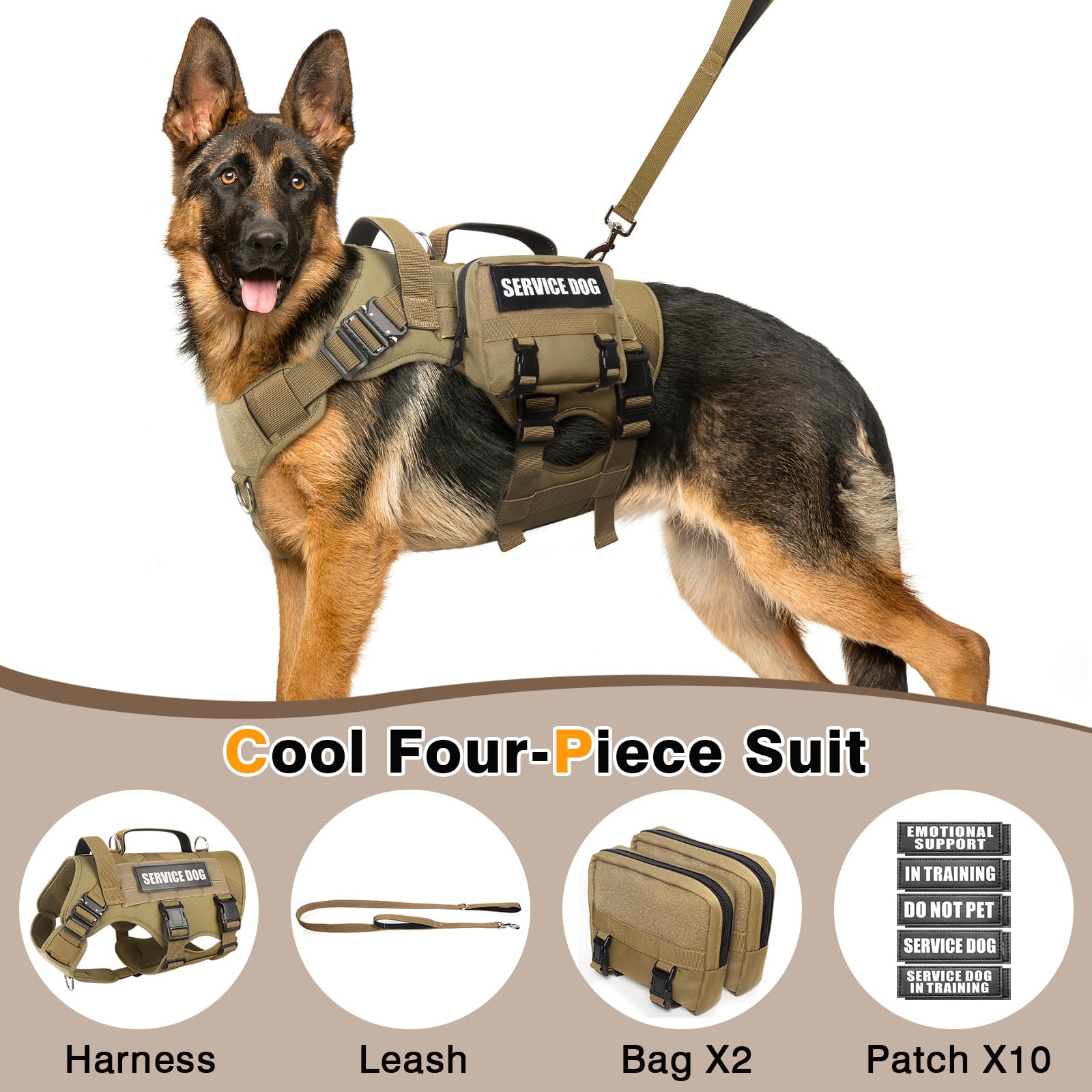 WINSEE Tactical Dog Harness with Dog Leash, Service Working MOLLE Vest with 10 Pet Patches for Medium Dog, No Pull Military Harn