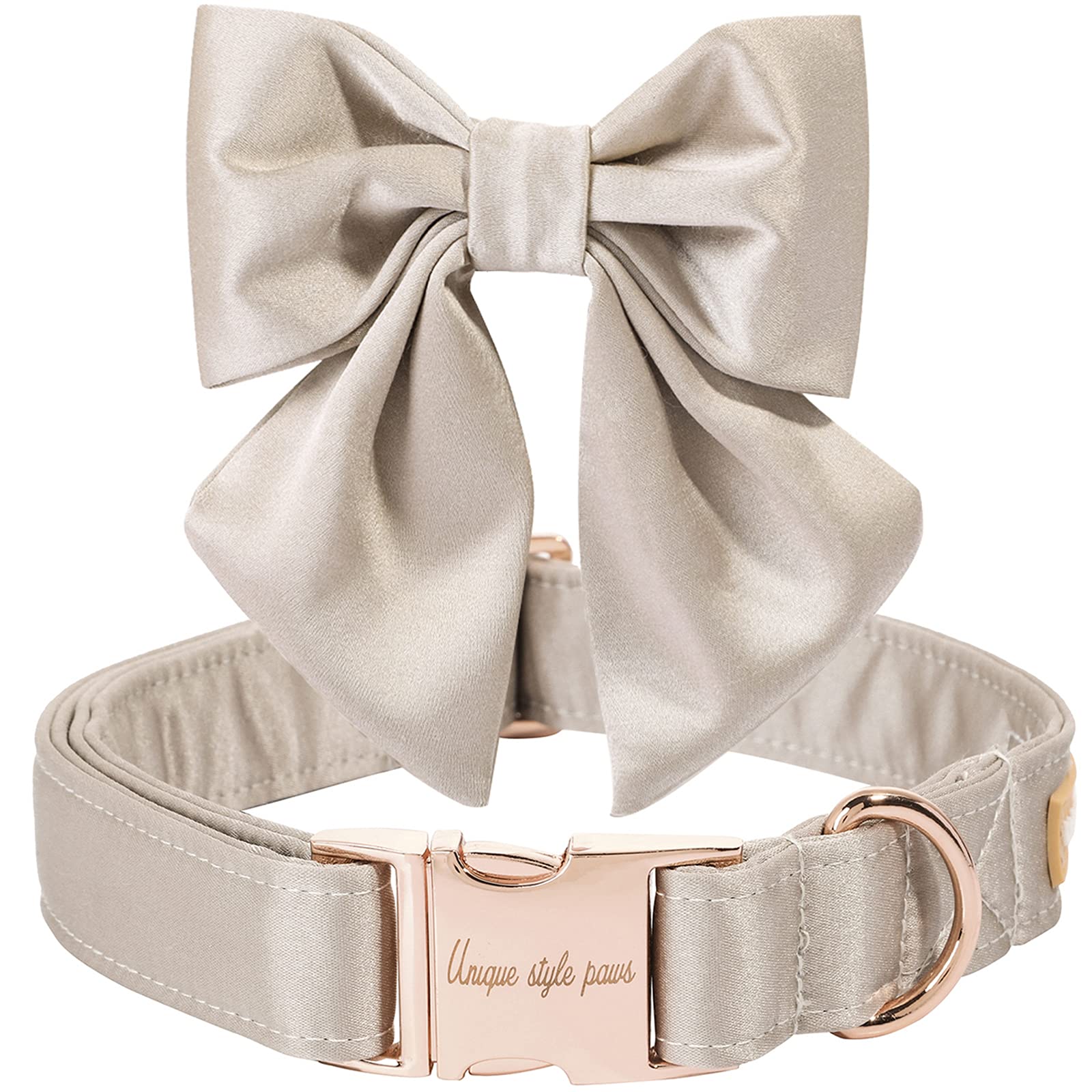 Unique Style Paws Silk Champagne Color Dog Collar Adjustable Durable Dog Collar With Bow Wedding Bow Tie Dog Collar For Large Dogs