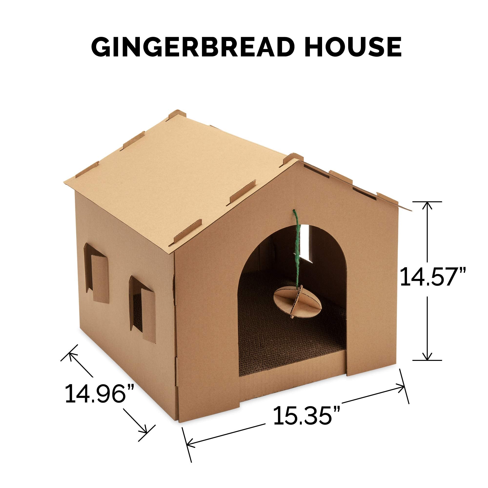 Furhaven Cardboard Cat House Gingerbread House, One Size, with Detachable Hanging Toys