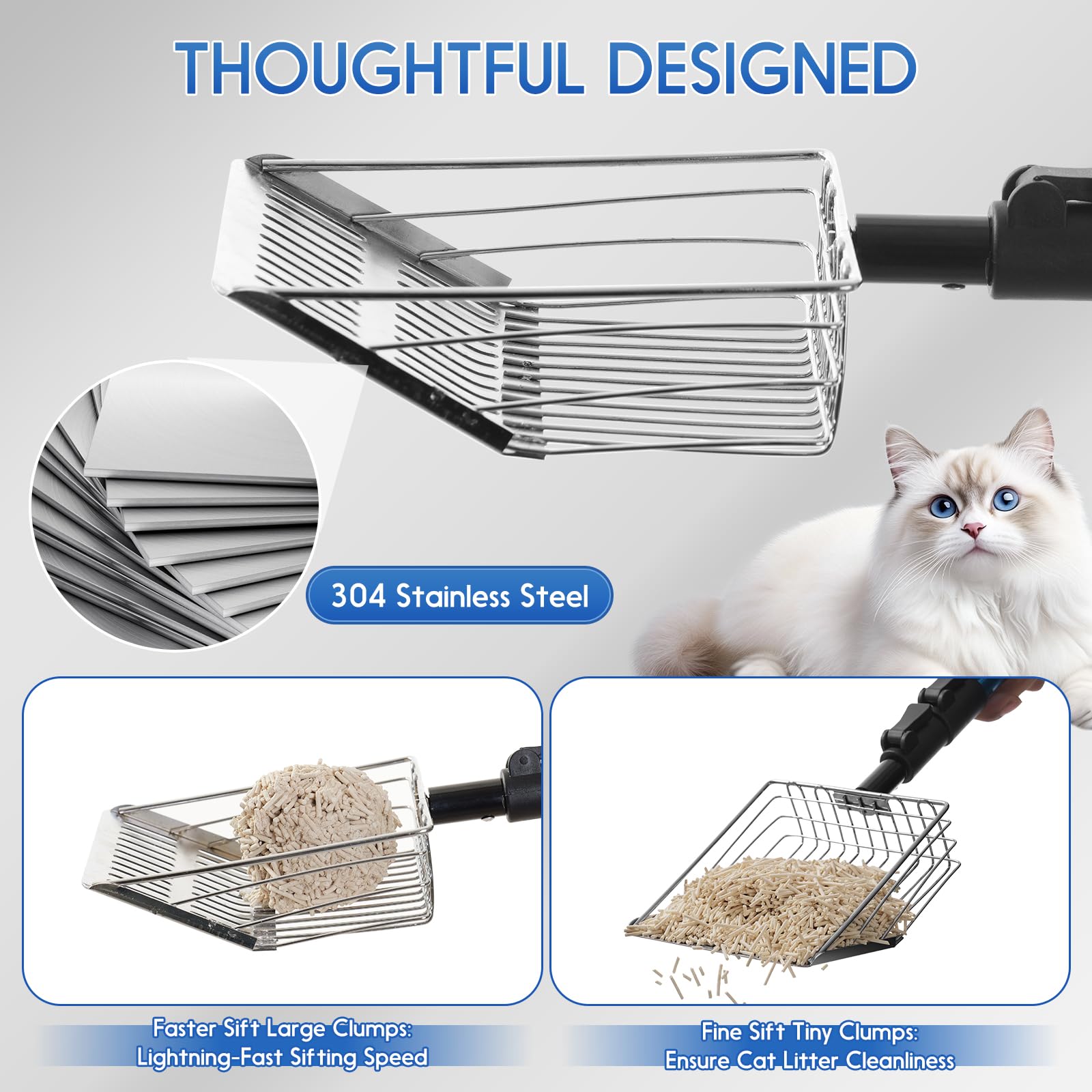 Polarduck Cat Litter Scoop Long Handle: 22''-40.5'' Extendable Metal Cat Poop Scooper With Deep Shovel For Litter Box Durable He