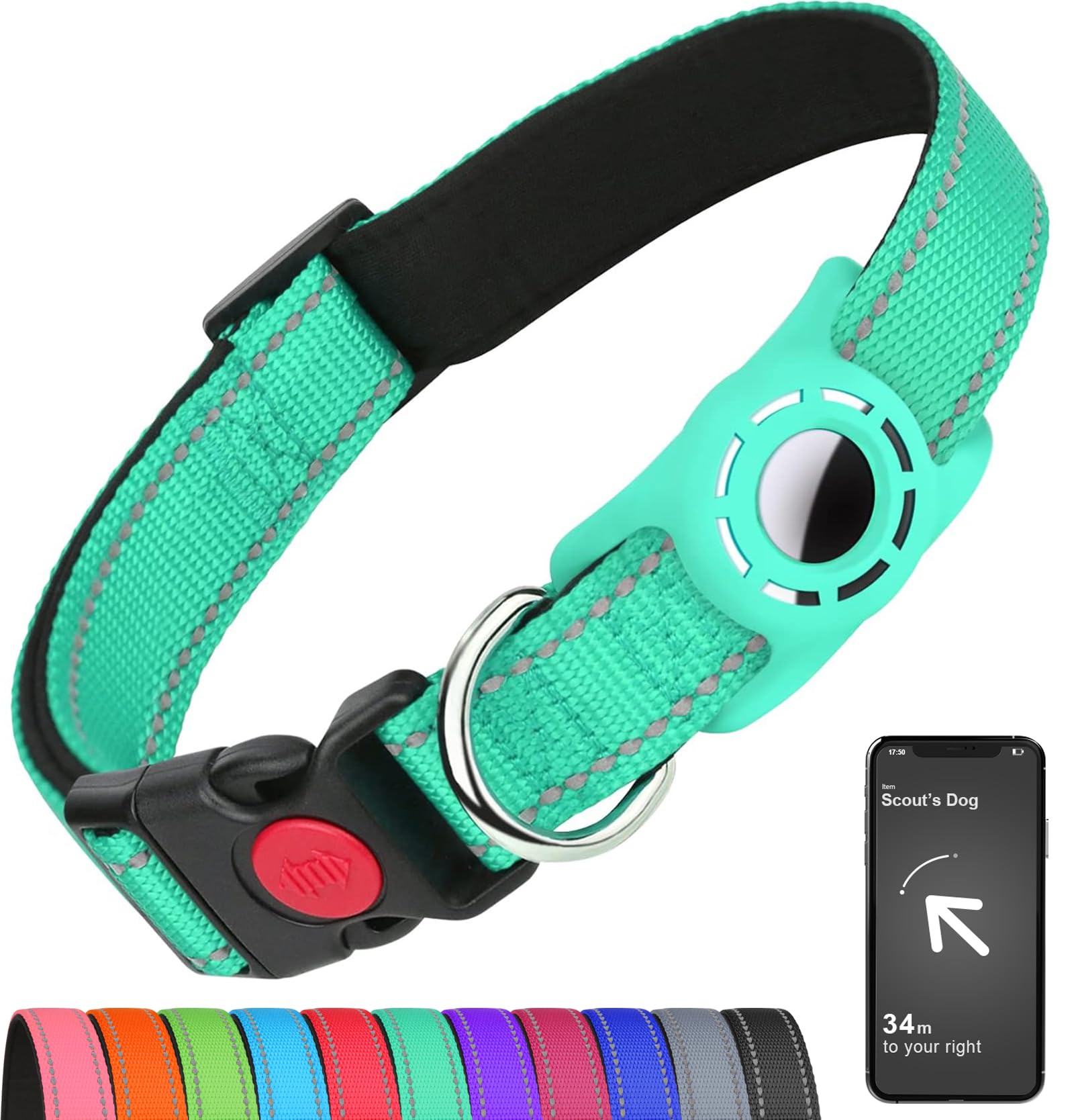 Erbine Airtag Dog Collar For Medium Dogs, Reflective Dog Collars With Airtag Holder, Soft Padded & Safety Locking Buckle, Nylon Pet Collar Adjustable For All Breeds, Teal