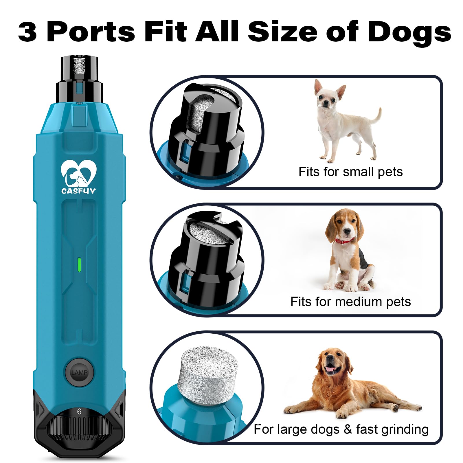 Casfuy 6-Speed Dog Nail Grinder - Newest Enhanced Pet Nail Grinder Super Quiet Rechargeable Electric Dog Nail Trimmer Painless Paws Grooming & Smoothing Tool For Large Medium Small Dogs (Bright Blue)