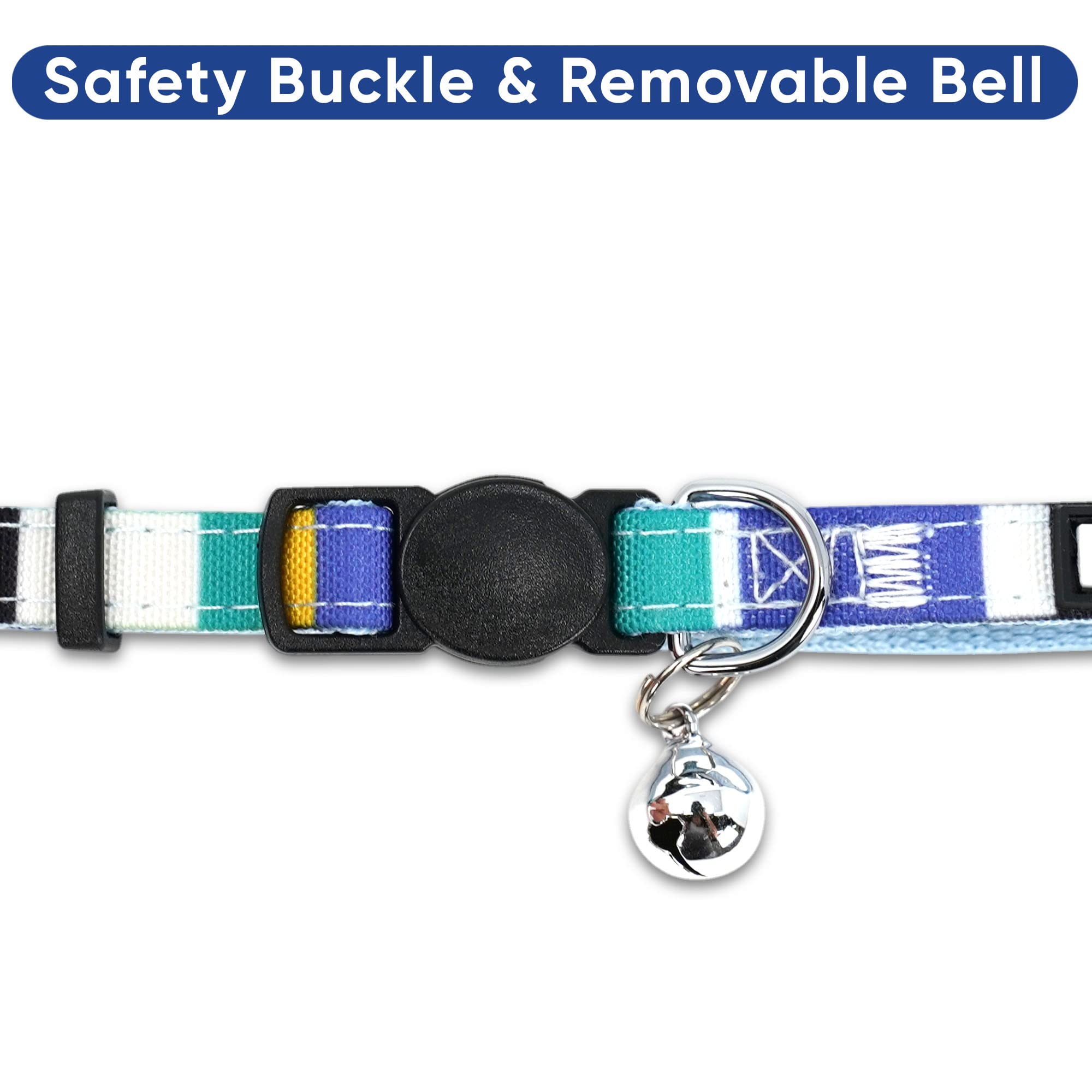 Pawtitas Pet Multicolor Cat Collar With Safety Buckle And Removable Bell Cat Collar Kitten Collar Blue/White/Yellow/Teal Cat Collar
