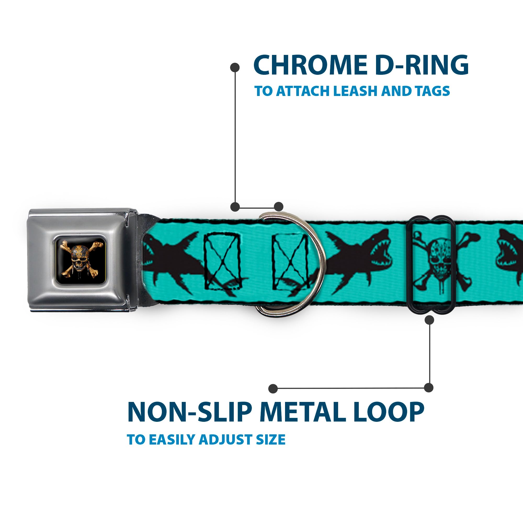 Buckle-Down Dog Collar Seatbelt Buckle Pirates Skull Crossbones Sharks Turquoise Black 15 To 26 Inches 1.0 Inch Wide, Multicolor (Dc-Wdy391-L)