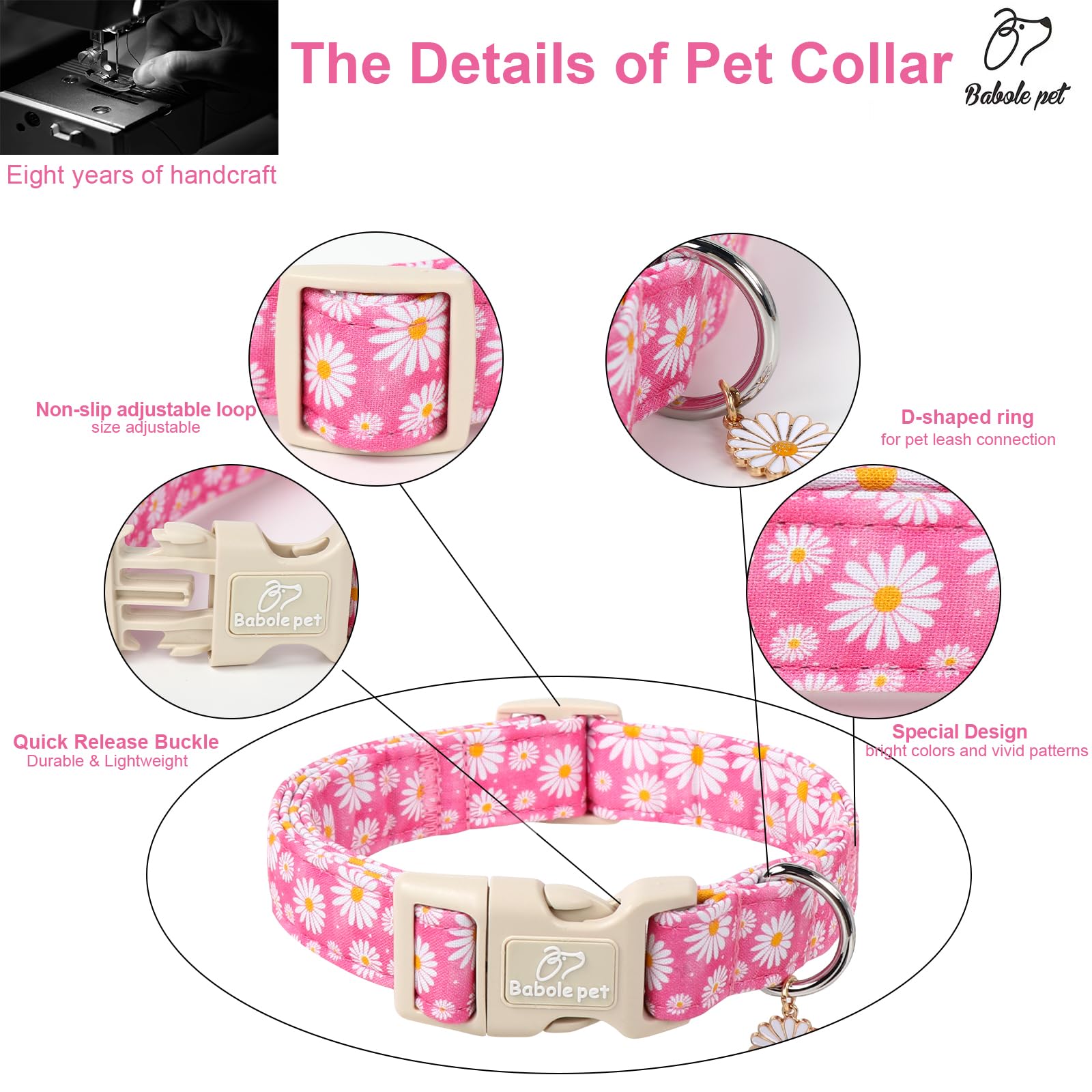 Babole Pet Summer Daisy Dog Collar, Cute Floral Adjustable Pink Dog Collars For Small Dogs, Lightweight Quick-Release Buckle Col