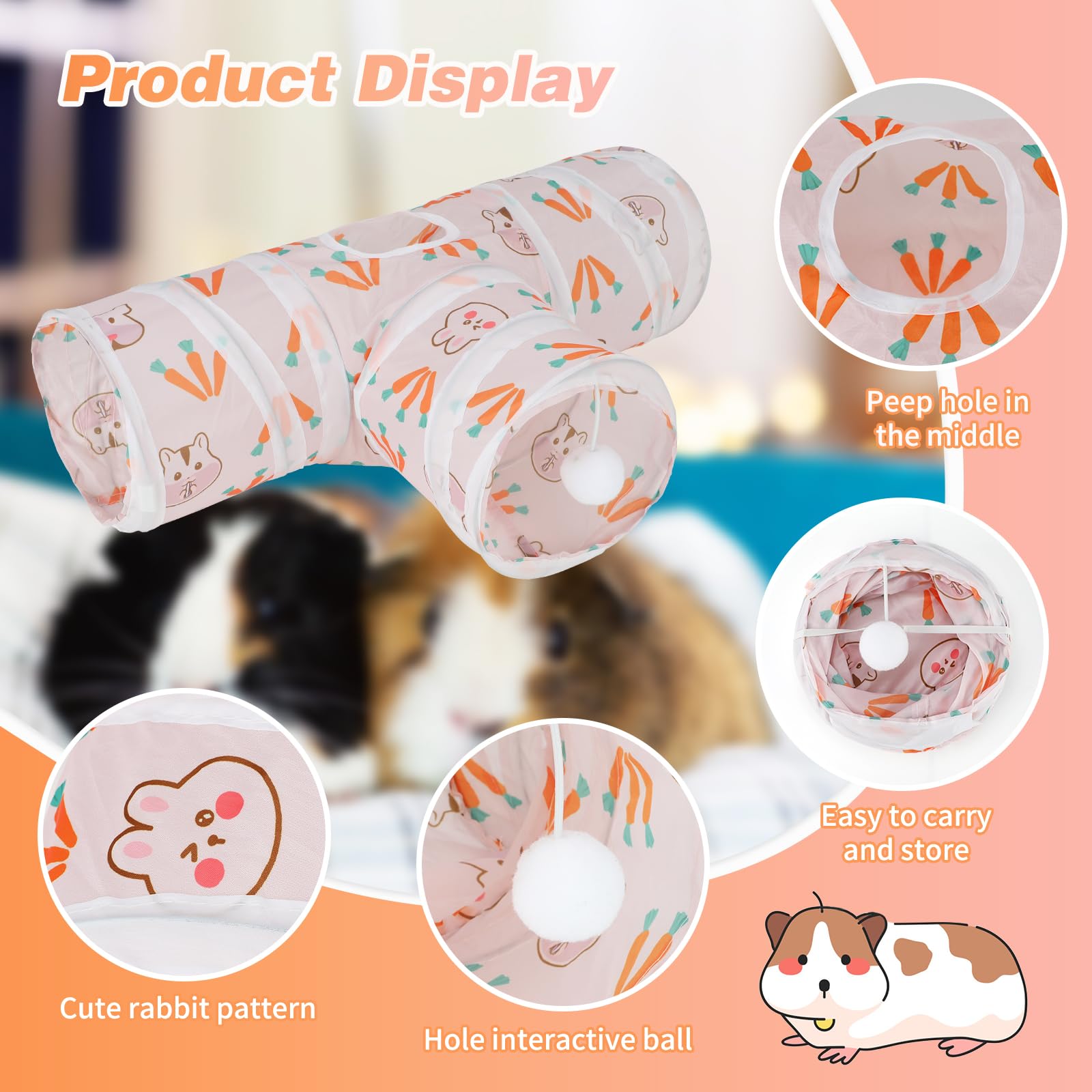 Rypet Guinea Pig Tunnel 3 Way Collapsible Small Pet Tunnels and Tubes with Interactive Ball for Baby Rabbit Ferret Hamster Chinc
