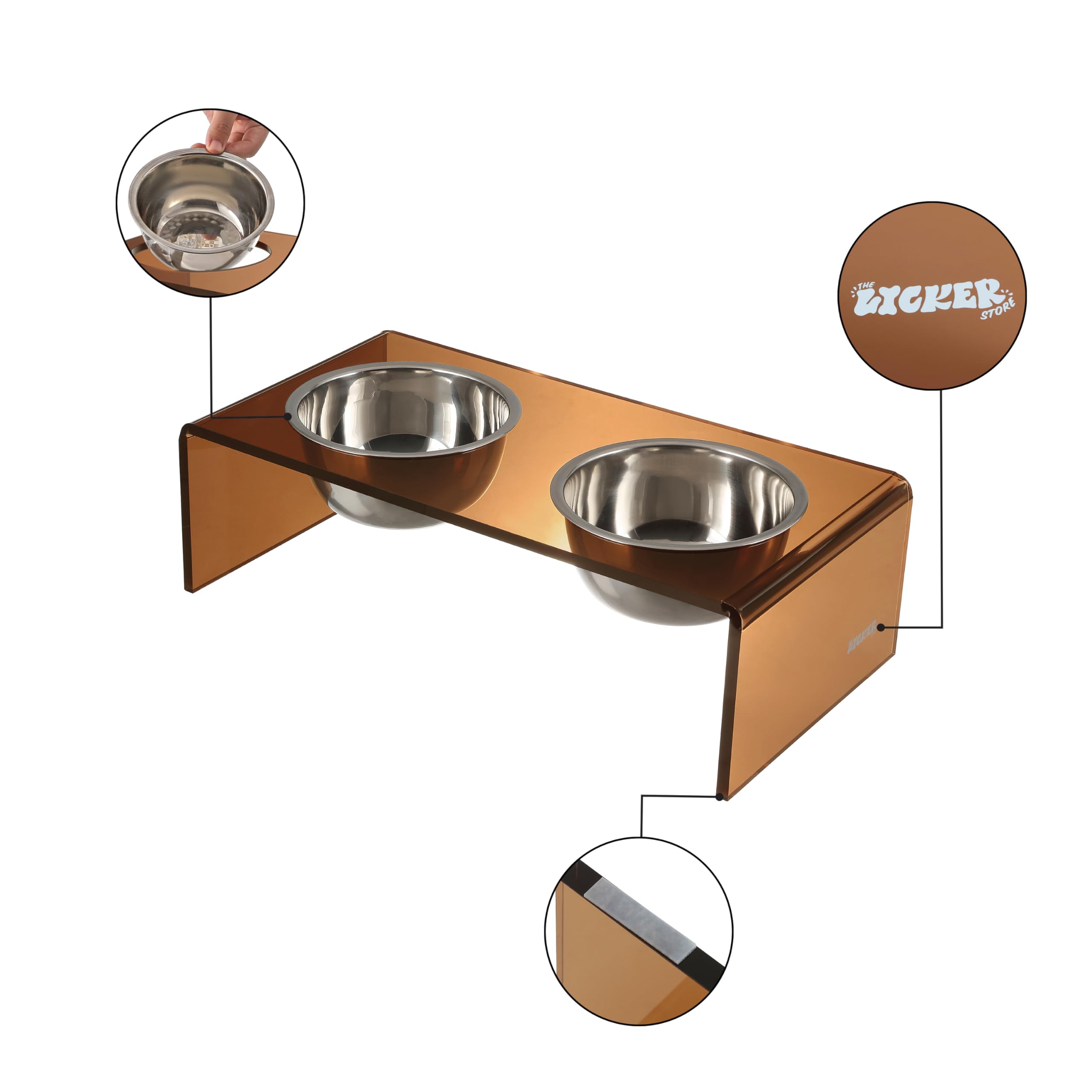 The LICKER Store DBL2000D Keaton 5 Small/Medium Modern Acrylic Rectangular Elevated Pet Feeder with 20oz 2-Stainless Steel Bowls