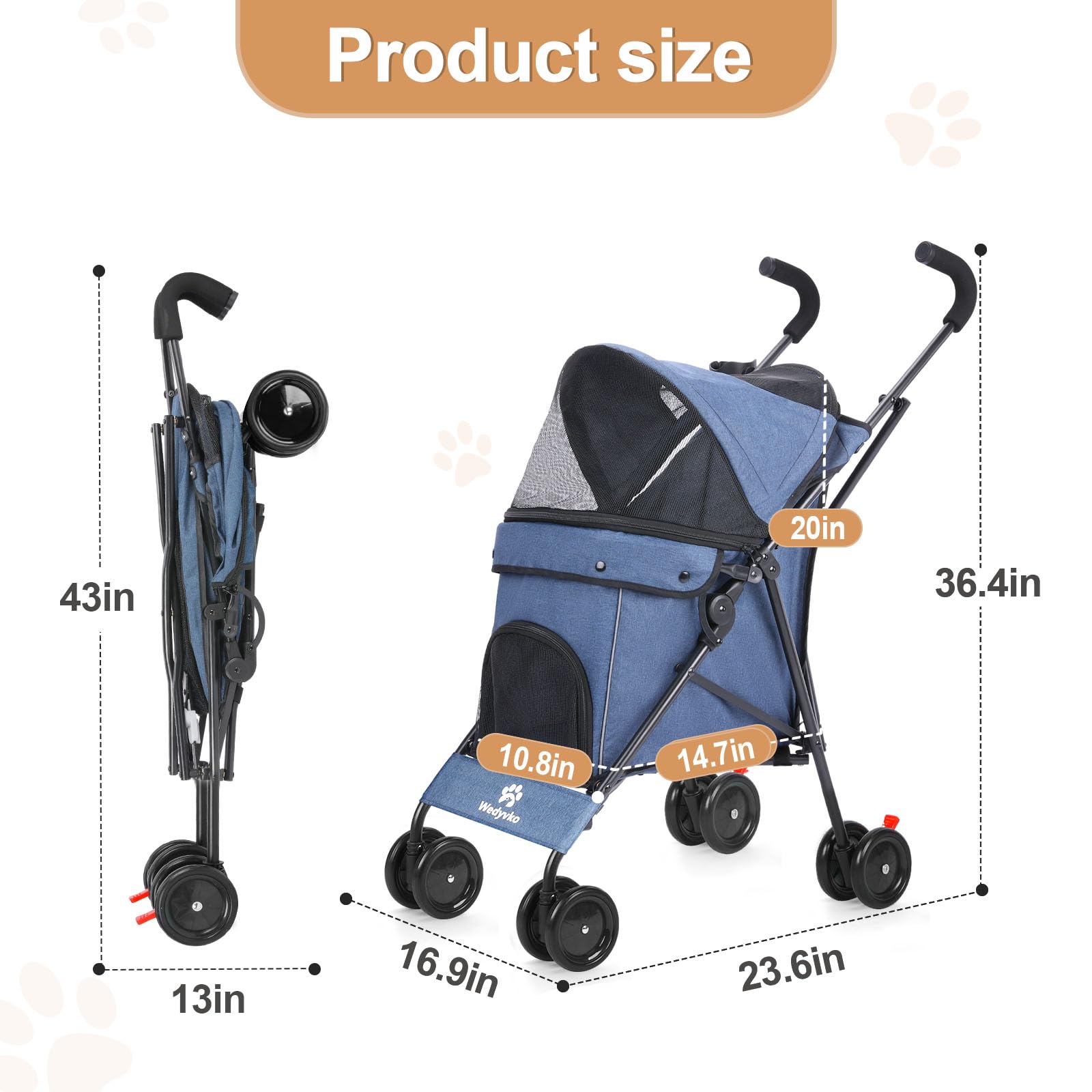 Wedyvko Travel Portable Dog Stroller, Pet Stroller for Small Puppy Dogs & Cats, Up to 33 lbs, Navy Blue