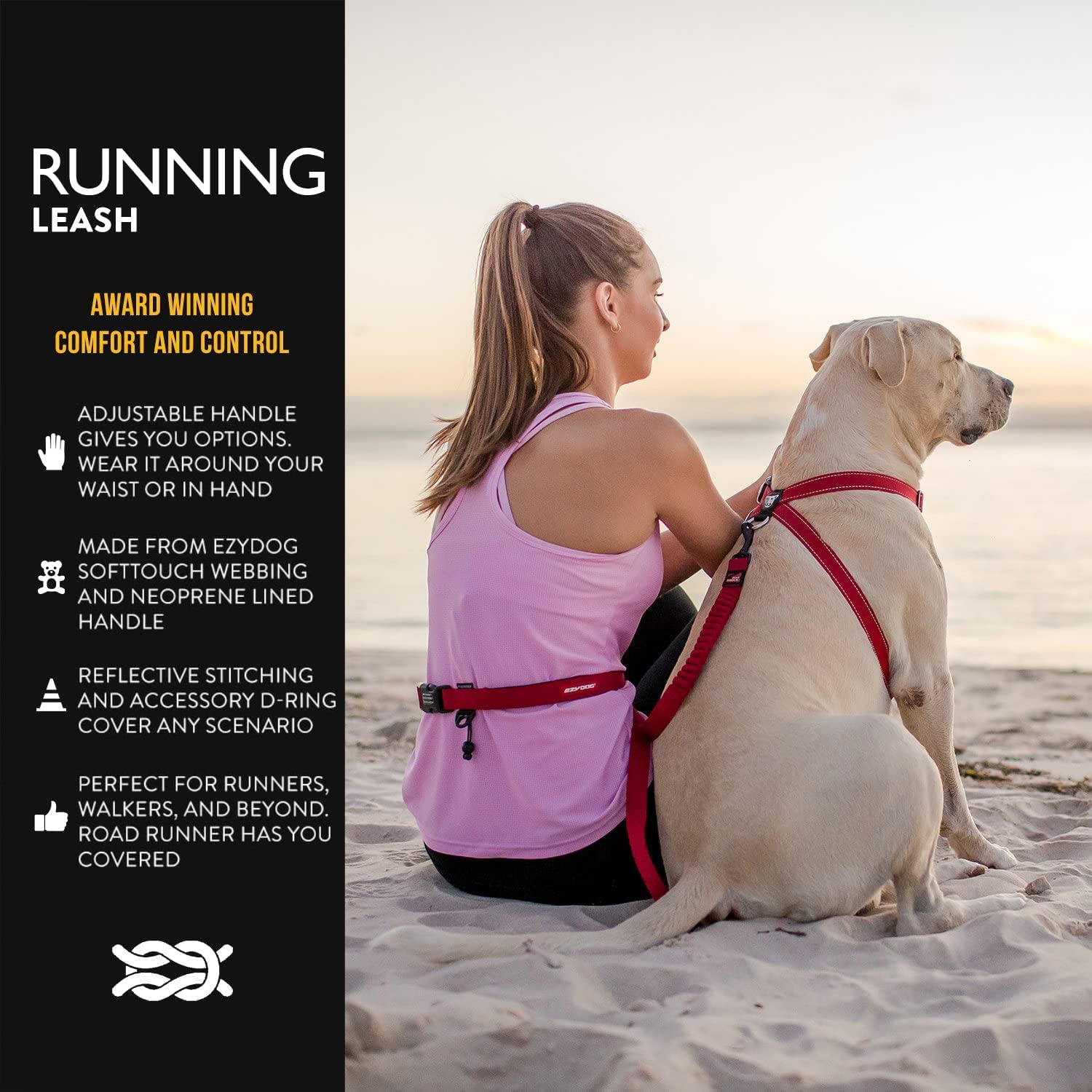 Ezydog Road Running Best Hands-Free Walking, Jogging, And Running Zero Shock Bungee Dog Leash - Reflective Stitching And Adjustable Waist Belt - Provides Superior Comfort, Safety, Control (Red)