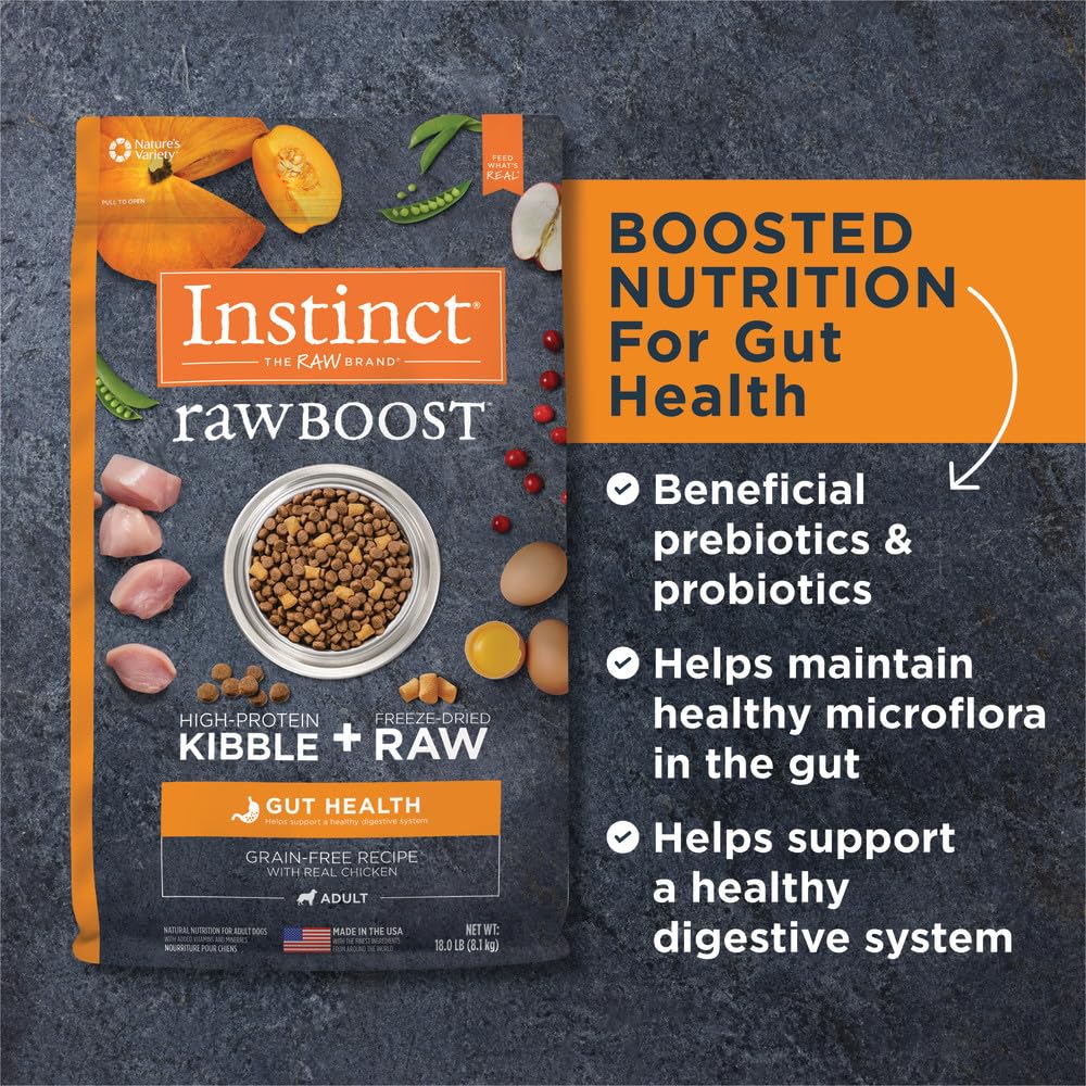 Instinct Raw Boost Natural Dry Dog Food with Freeze Dried Pieces, Grain Free, Real Chicken - Gut Health, 18 lb. Bag