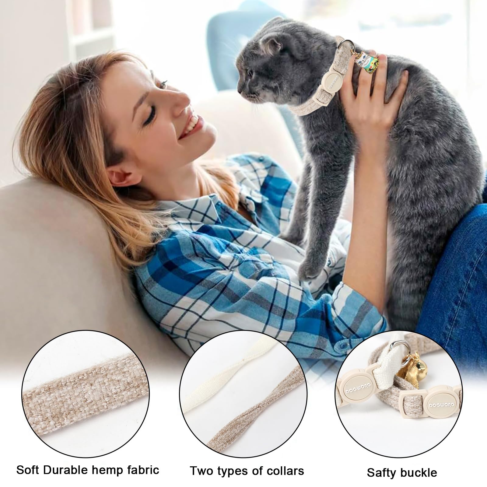 Cat Collar,2 Pack White Hemp Cat Collars Breakaway With Bell, Dogwong Safety Buckle Wedding Cat Collar For Girl Boy Cats And Sma