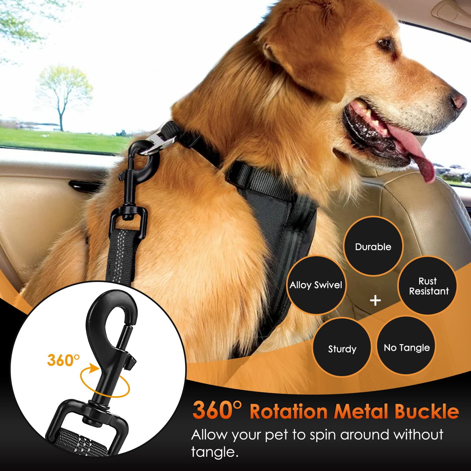 SlowTon Dog Seat Belt, Adjustable 35.5in Nylon Bungee Leash, Black - Reflective Safety Harness Attachment, Model STP38N-L-B-AO