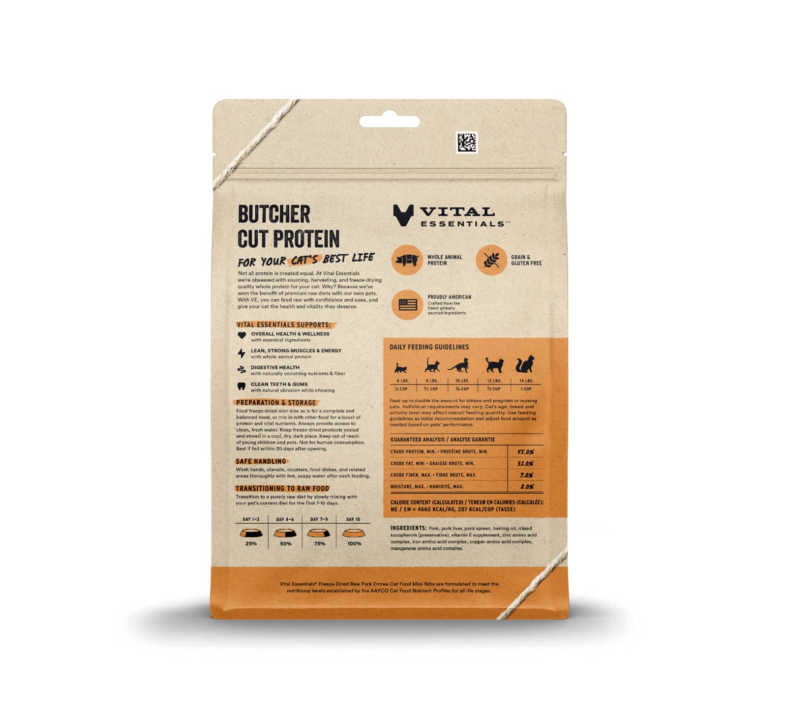 Vital Essentials Freeze Dried Raw Cat Food, Pork Mini Nibs Entree, 12 oz