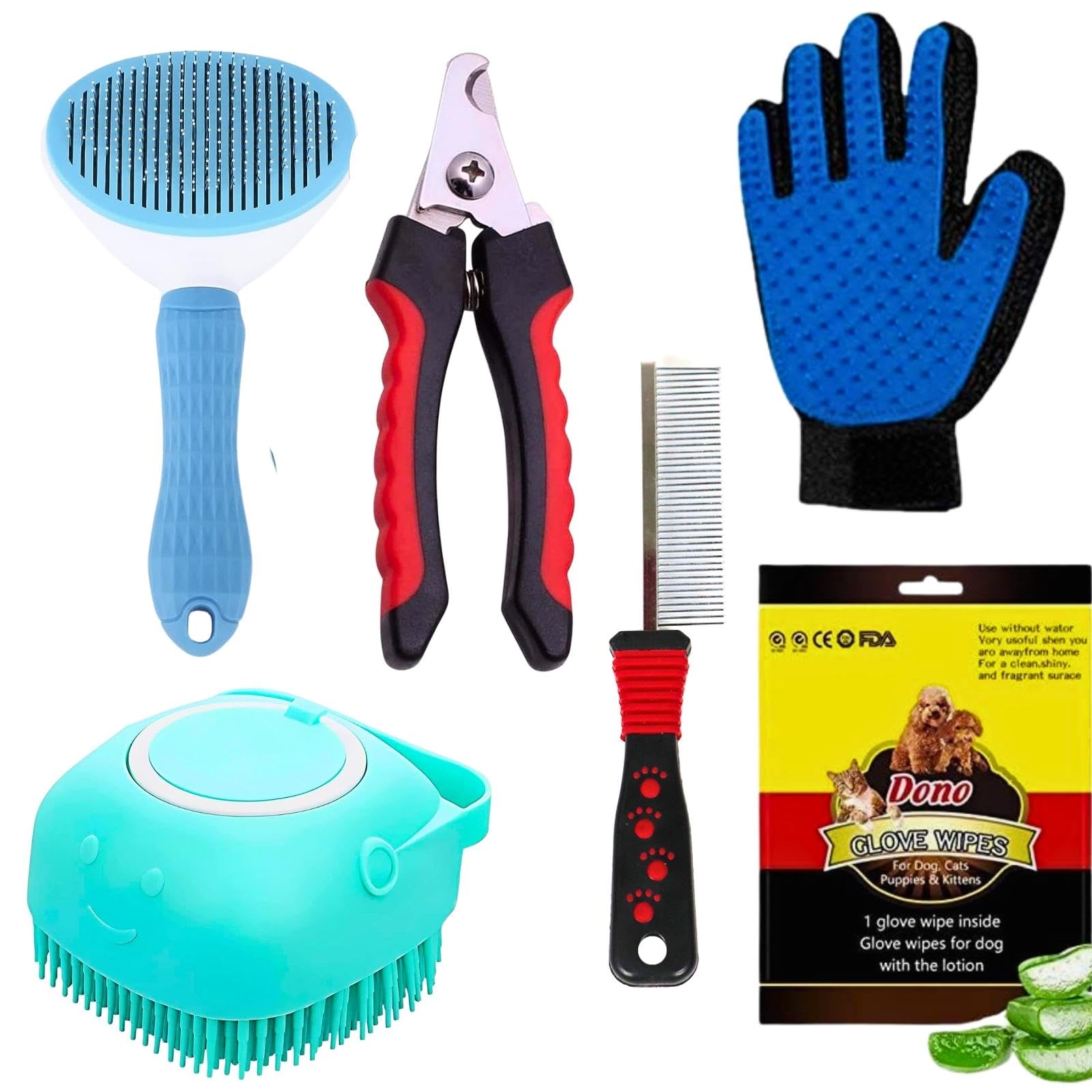 Cature Care By Nature Pet Grooming Kit Slicker Brush + Pet Grooming Glove + Dog Comb + Pet Glove Wipes + Dog Bath Brush + Pet Gr