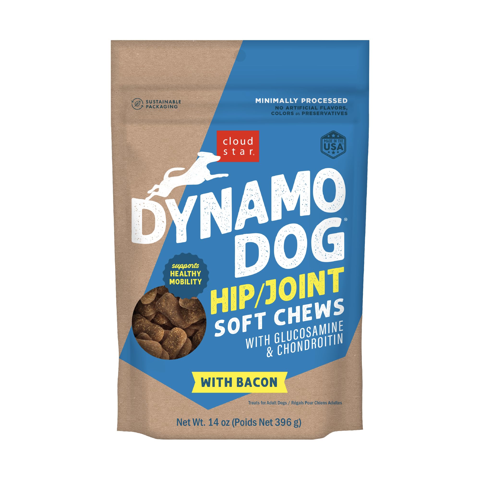 Cloud Star Dynamo Dog Soft Chews Hip & Joint Grain Free Dog Treats, Bacon & Cheese, 14 oz. Pouch