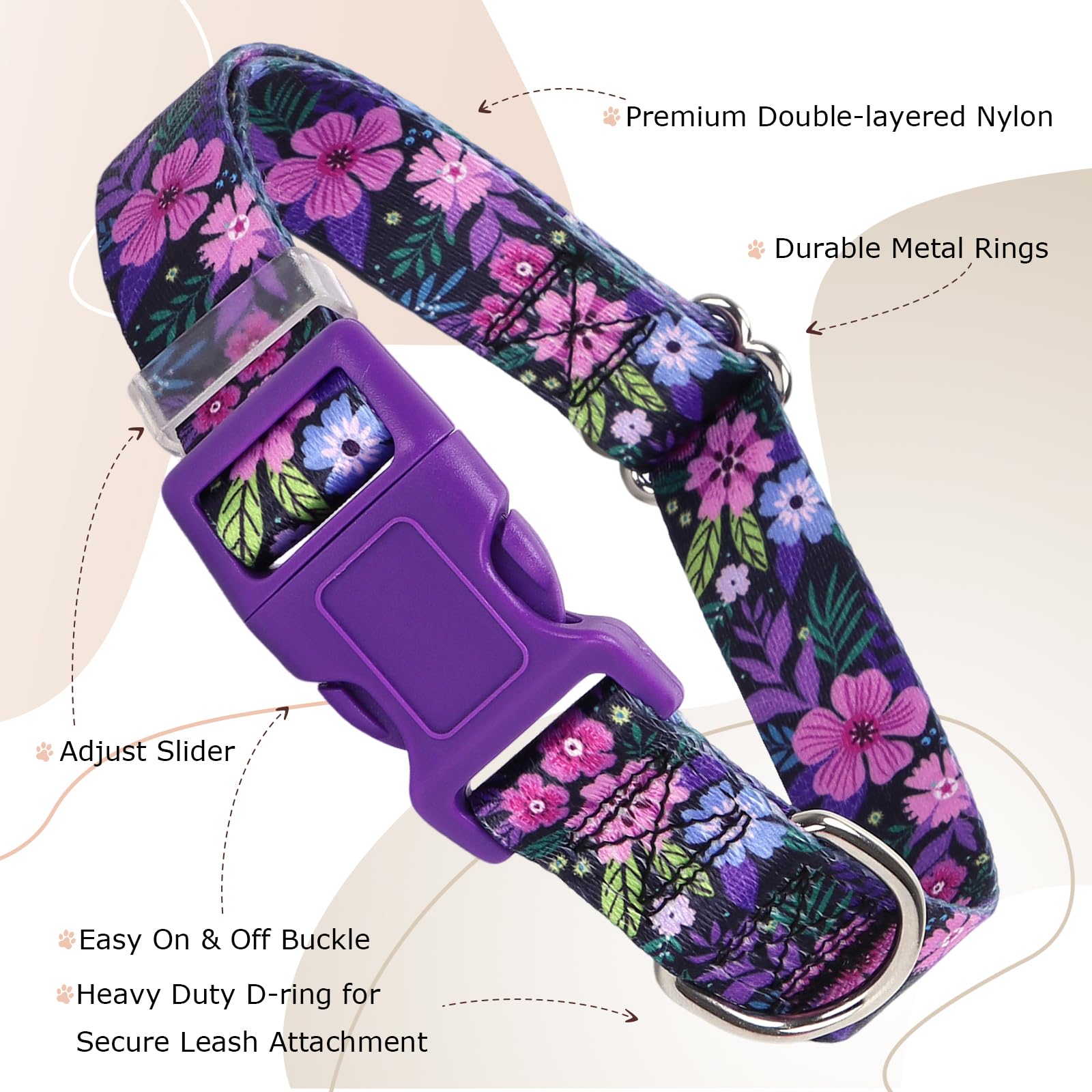 Puppy Collar, Cute Girl Purple Dog Collar With Boho Flowers Patterns, Adjustable Comfy Soft Durable Pet Cat Collar For Xs Small