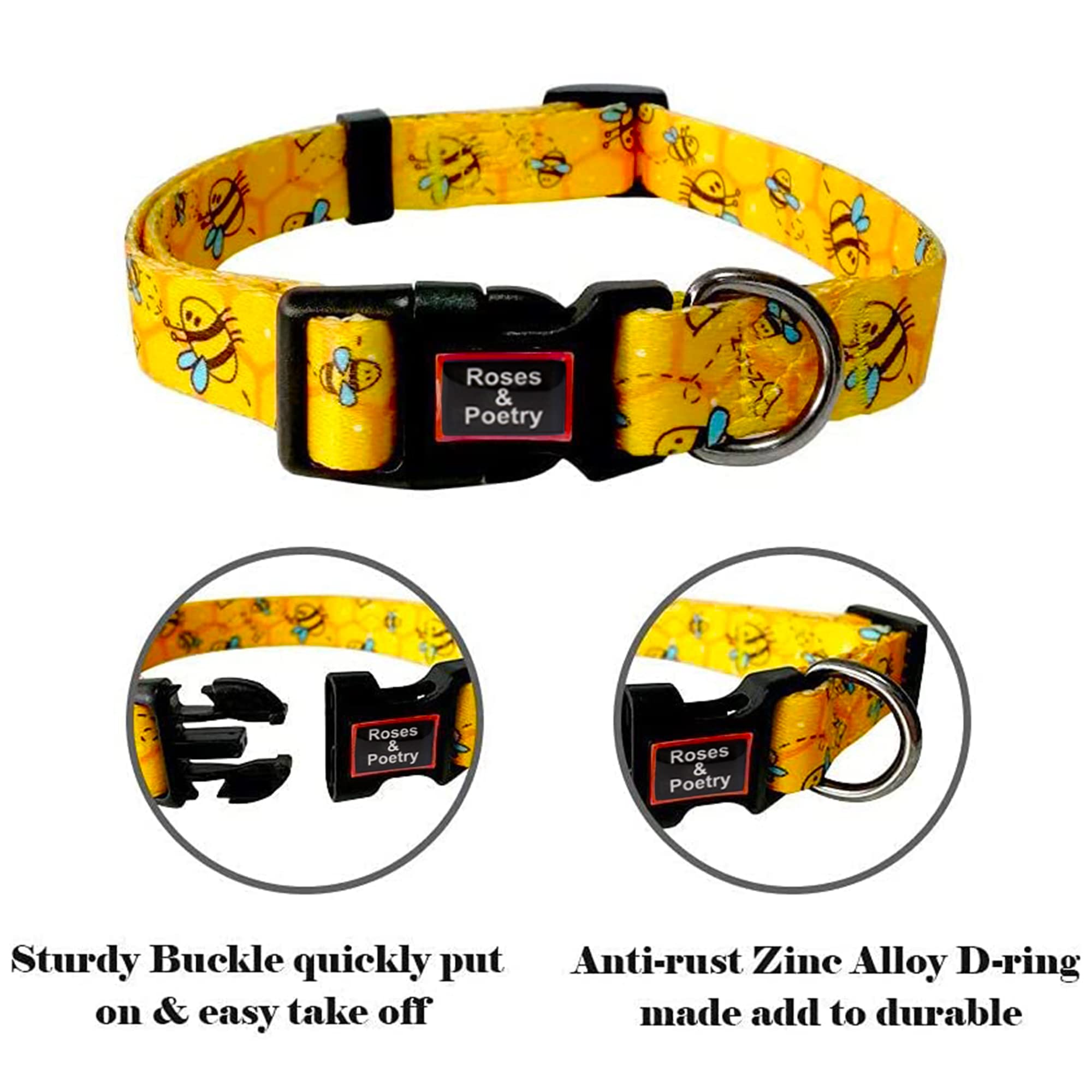 Roses&Poetry Dog Collar With Colourful Bee Patterns, Adjustable Durable Puppy Collars For Small Medium Large Dogs (Bee-Xs)