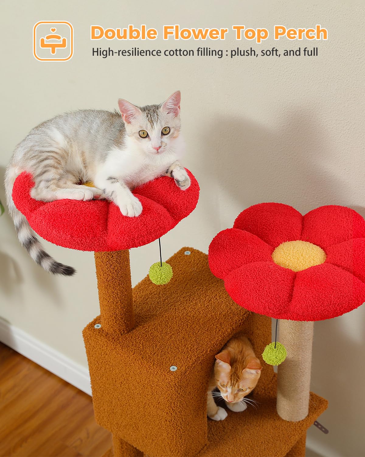 Muttros Flower Cat Tree, 52.4'' Cat Tree Tower For Indoor Cats, Cute Cat Tree With 2 Flower Padded Perches, 2 Condos & 2 Scratch
