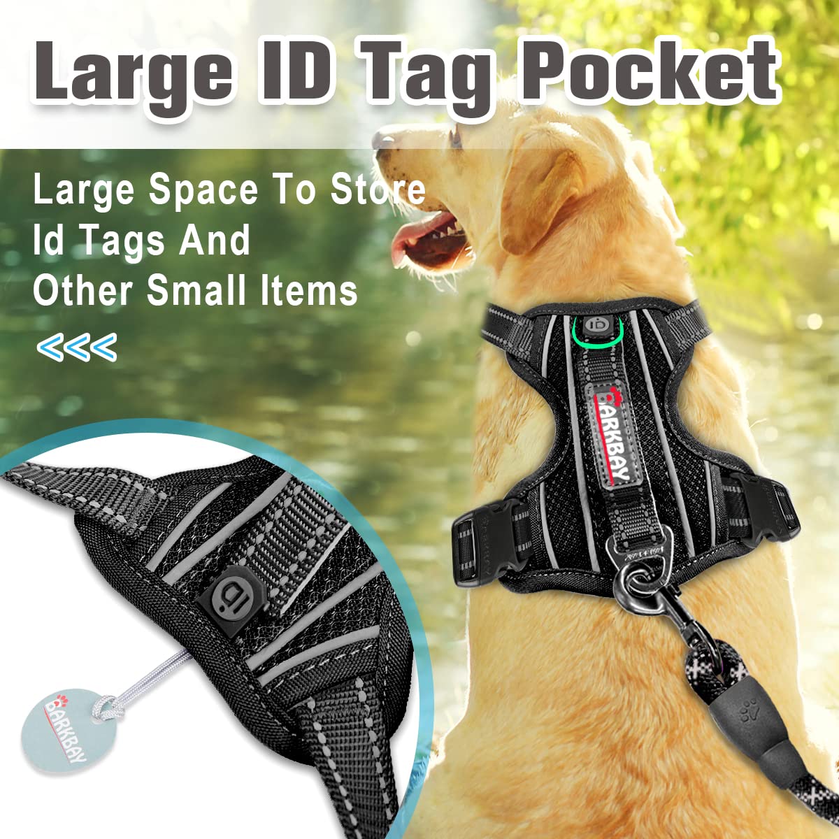 BARKBAY No Pull Dog Harness Front Clip Heavy Duty Reflective Easy Control Handle for Large Dog Walking with ID tag Pocket(Black,