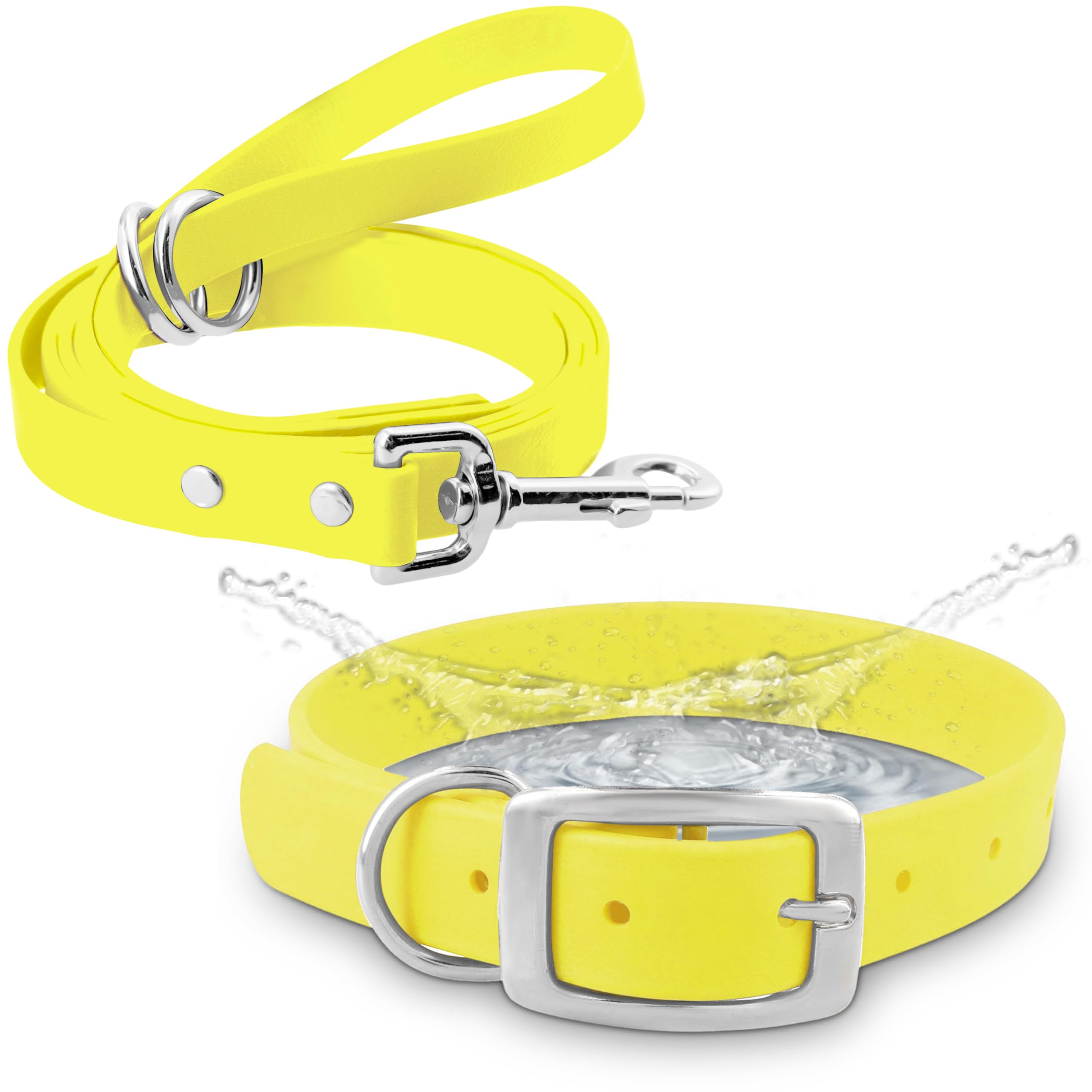 Regal Dog Products Small Yellow Waterproof Dog Collar and Leash Set | Heavy Duty Double Buckle & D Ring - 5'ft Leash | Adjustabl