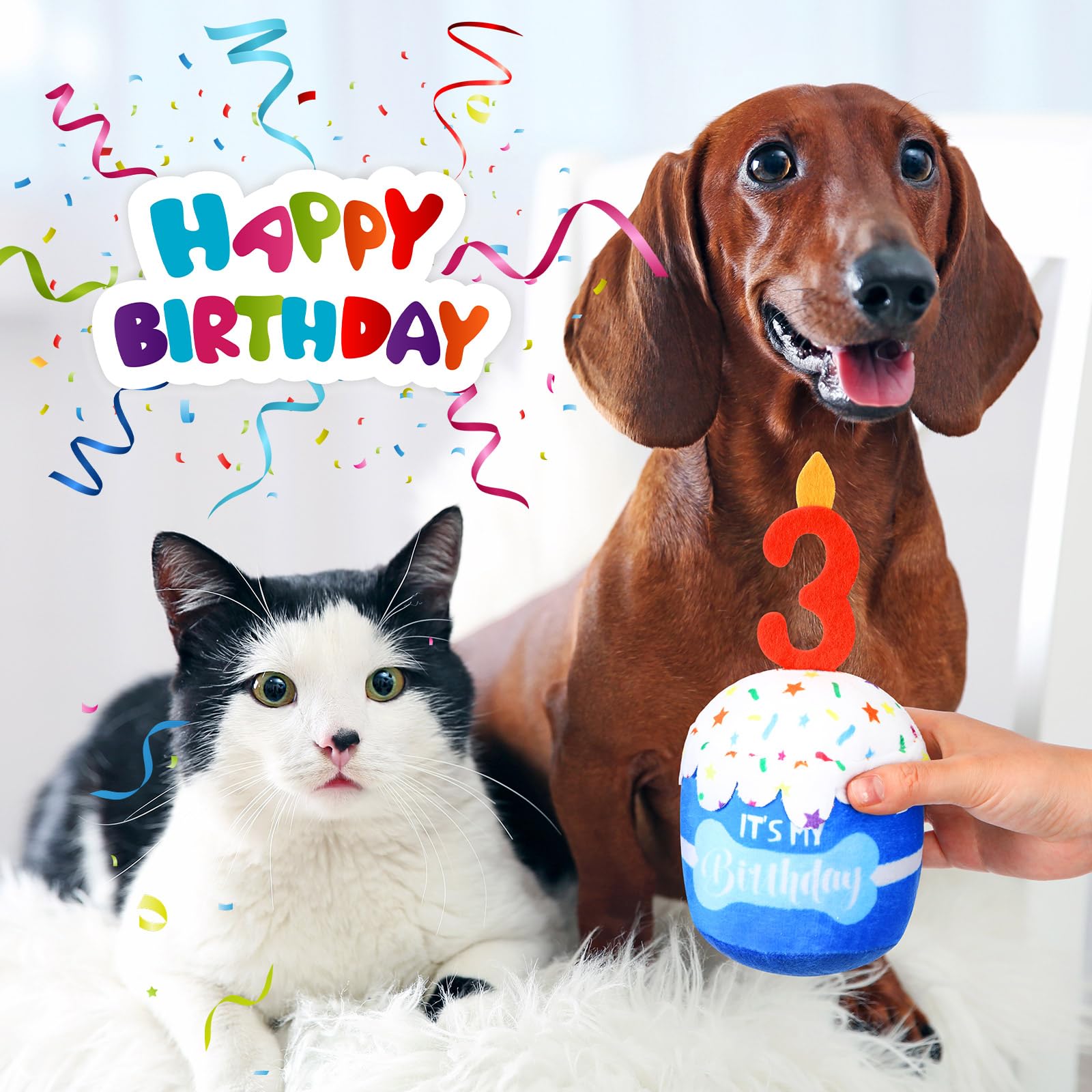 Dansydaisy Dog 3Rd Birthday Cake Toy Accessories For Girl Boy Gifts, Blue Squeaky Plush Toy For Dog Birthday Party Decor Favor F