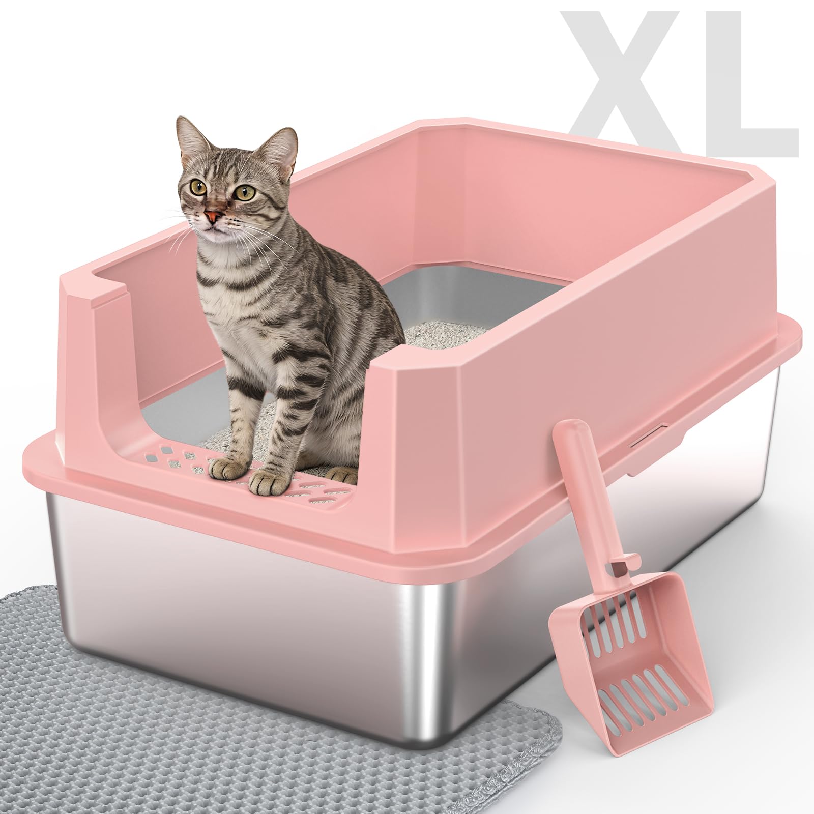 Stainless Steel Litter Box, Extra Large Litter Boxes for Big Cats, XLarge Metal Cat Litter Box with Lid, Anti-Urine Leakage XL B