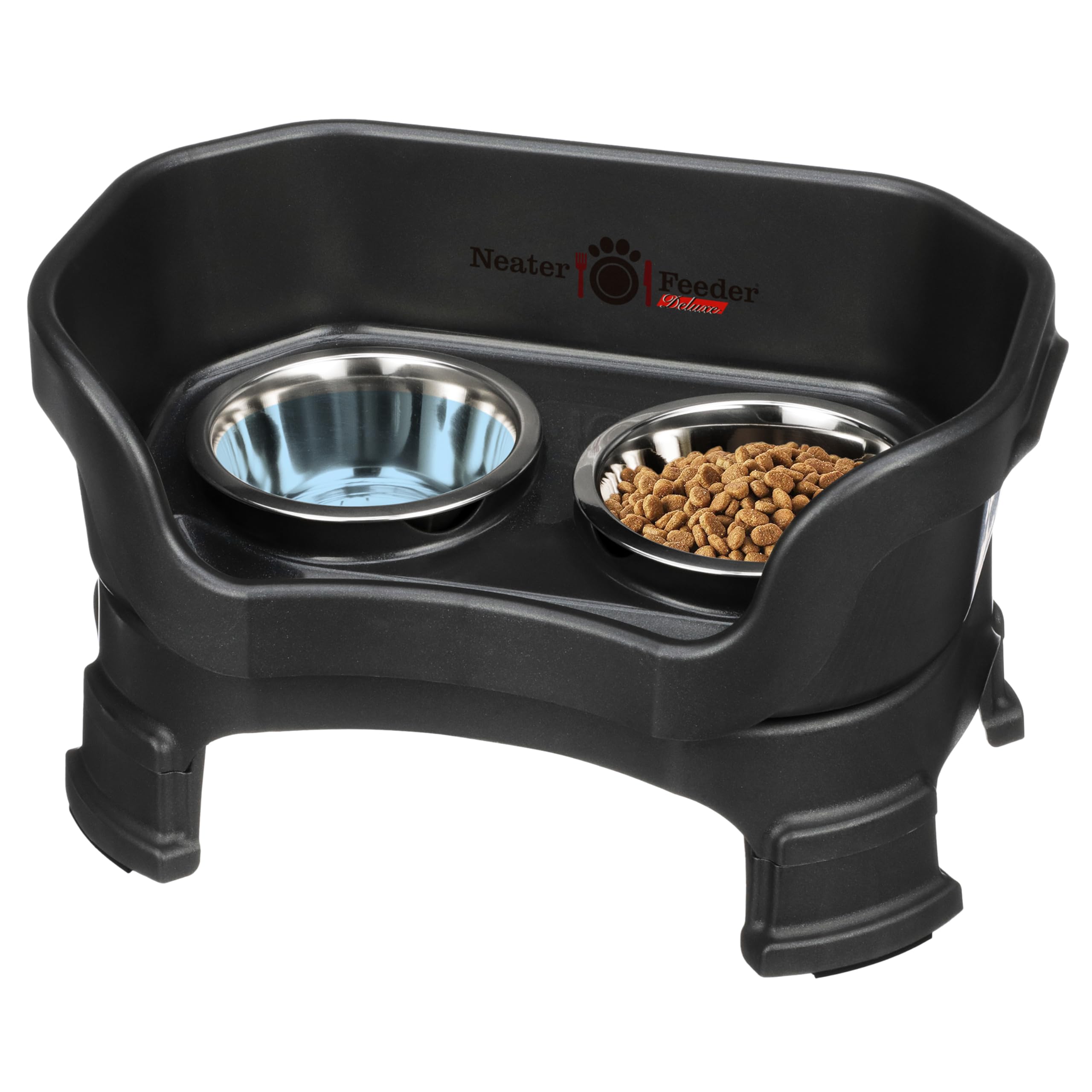 Neater Feeder - Deluxe Model Adjustable Height - Mess-Proof Cat Bowls (Cat, Midnight Black) - Made in USA - Elevated, No Spill, 