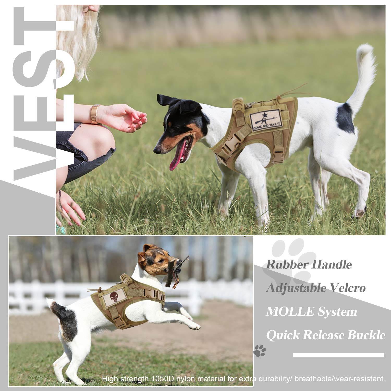 Tactical Dog Training Harness Outdoor Working Vest Adjustable Military MOLLE Dog Vest Harness with Rubber Handle Small (Pack of
