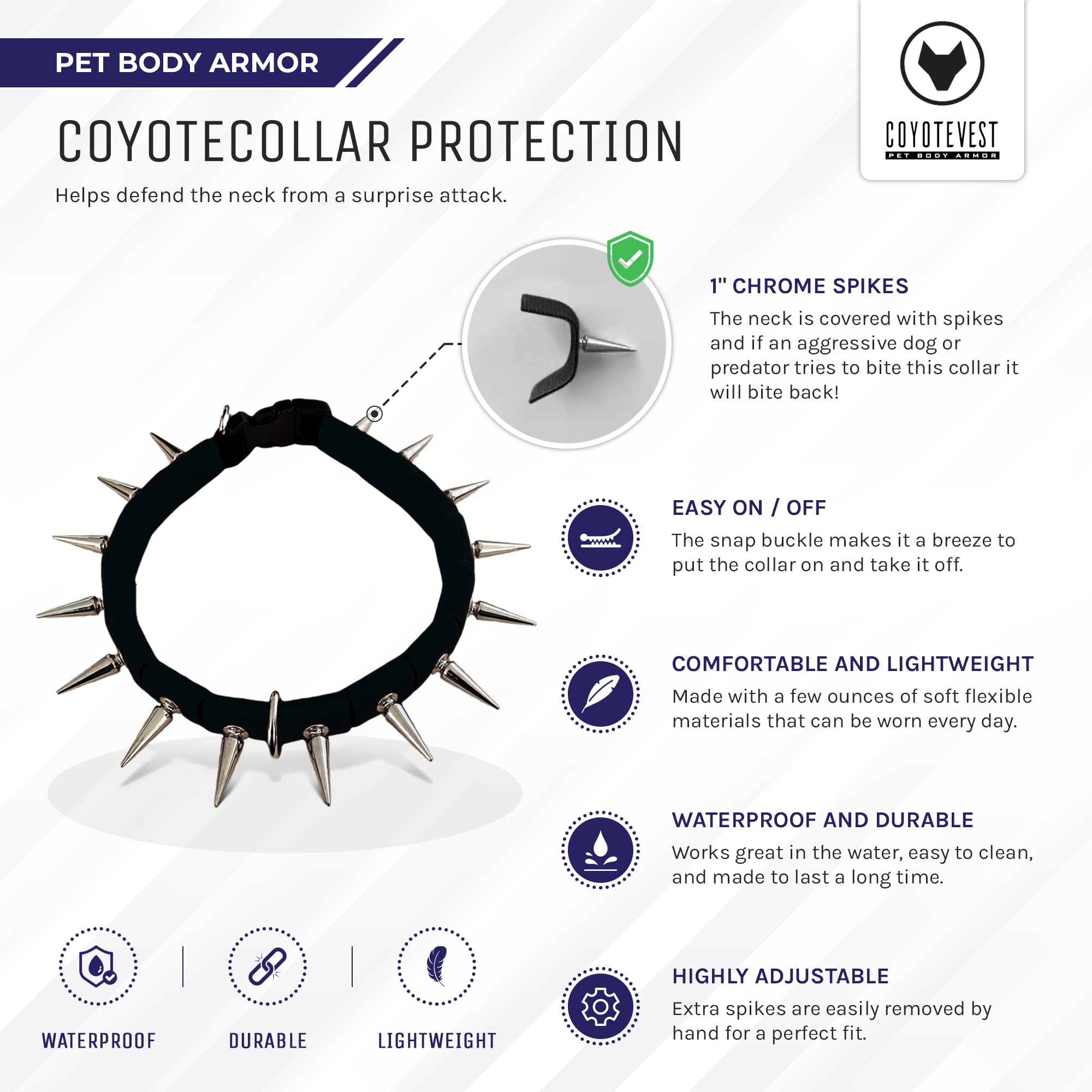 Coyotecollar Spiked Dog Collar - Large Black Spike Collar With Adjustable Studs For Protection Against Coyotes & Aggressive Dogs