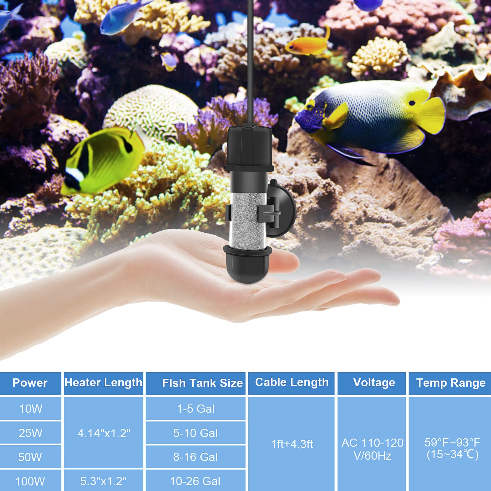 Hygger Small Aquarium Betta Heater, Submersible Fish Tahk Heater 10W/25W/50W/100W With Led Digital Display, Suitable For Marine