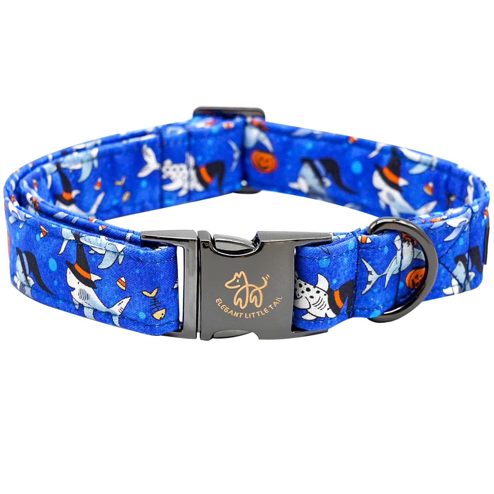 Elegant Little Tail Shark Print Halloween Pet Collar - Cotton With Metal Buckle, Adjustable For Small Dogs