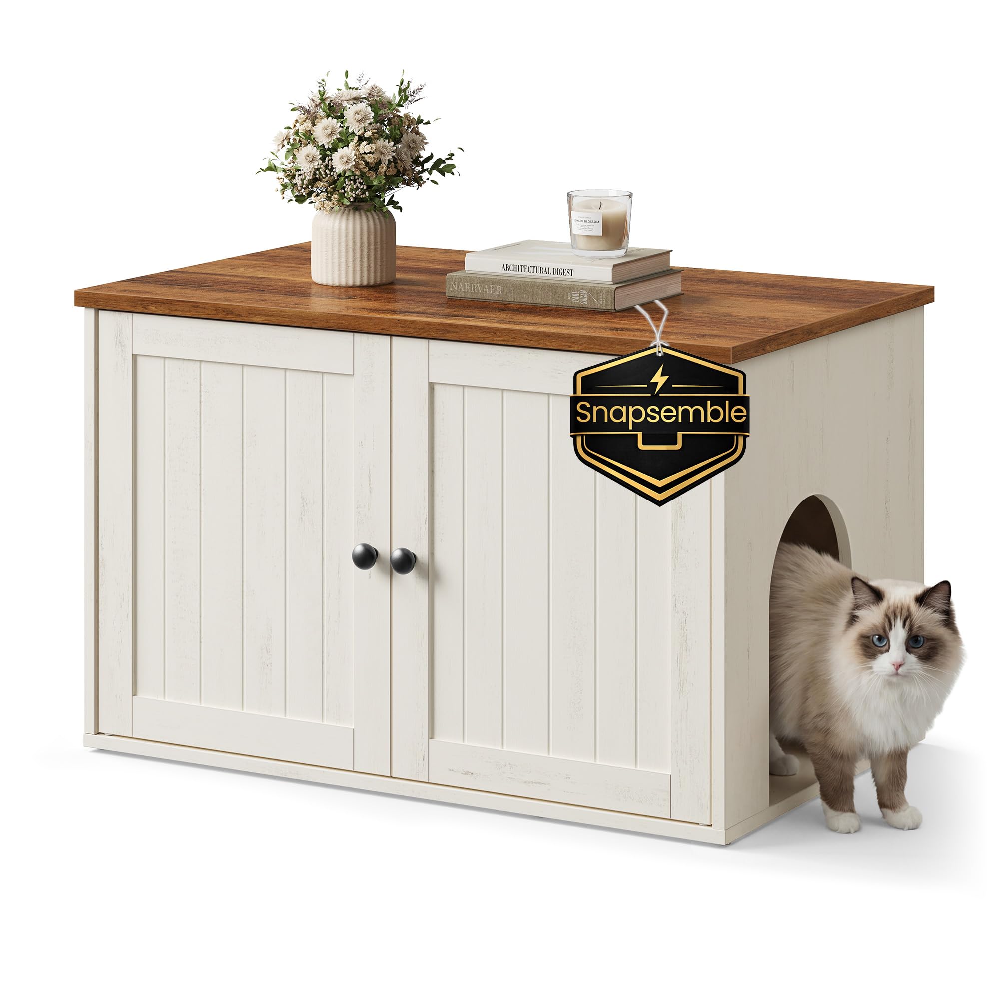 SONGMICS HOME Litter Box Enclosure, Snapsemble Superfast Assembly, Cat Litter Box Furniture, Push-to-Open Doors, Indoor Cat Hous
