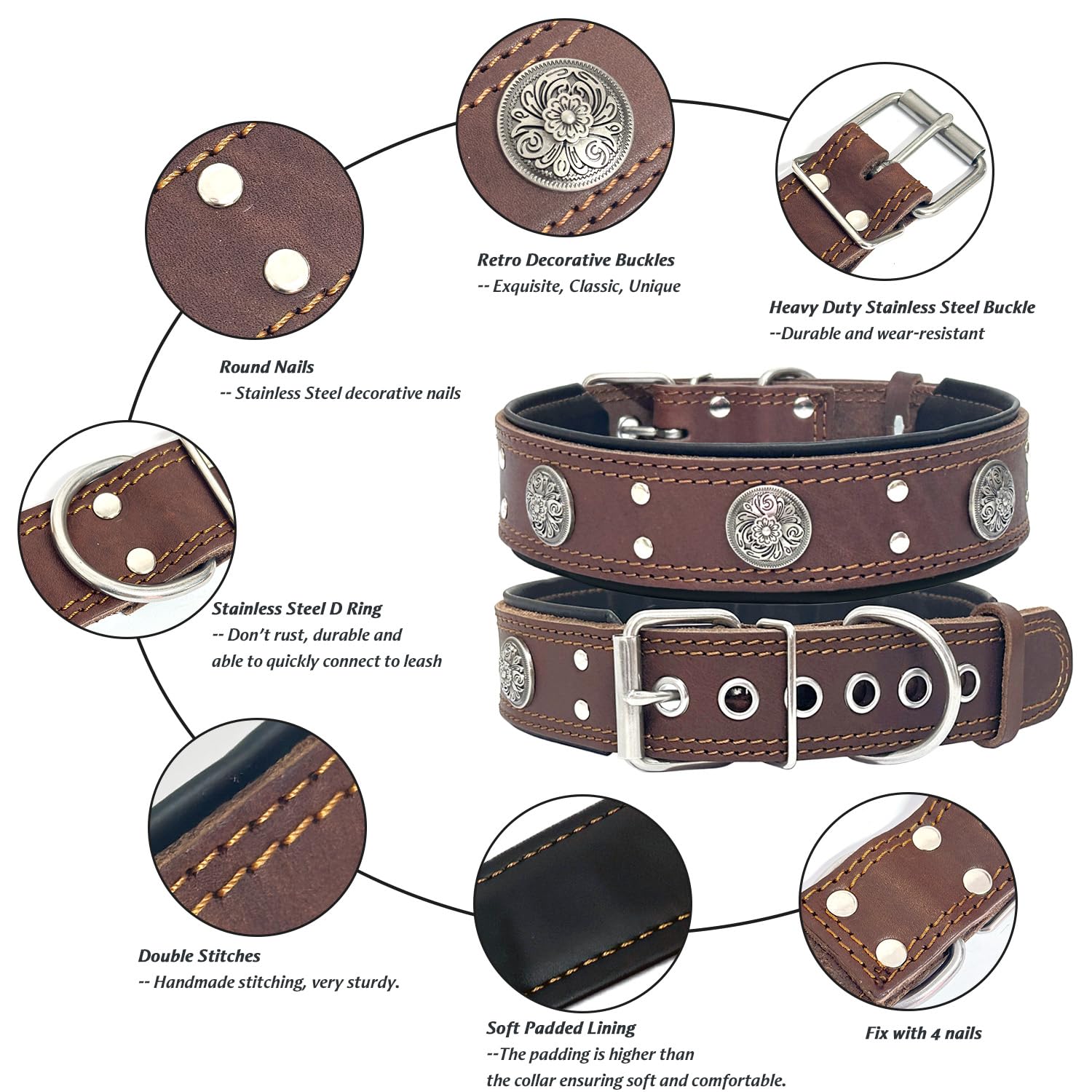 Leather Dog Collar For Large Medium Dogs, Heavy Duty 2 Inches Wide Dog Collars, Thick, Strong, Luxury And Studded Collar For Dog