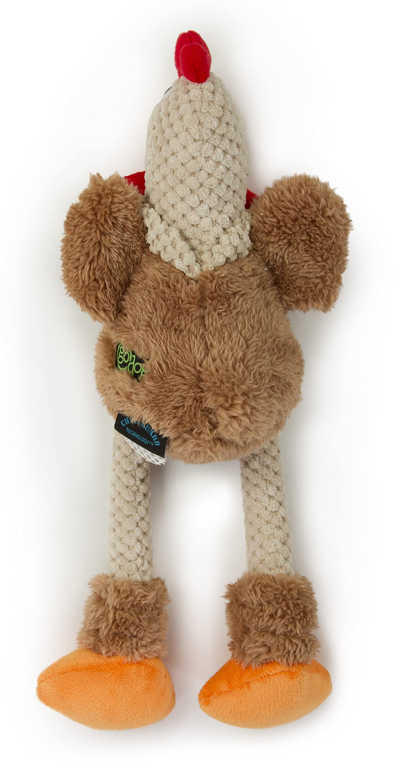 goDog Checkers Skinny Rooster Squeaky Plush Dog Toy - Chew Guard Technology, Brown, Small Size