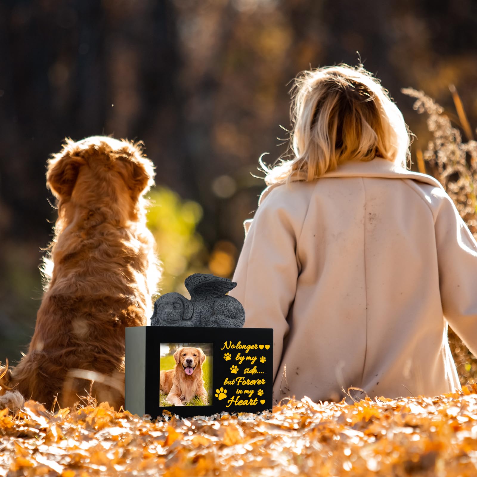 Pet Urns For Ashes, Large Wooden Pet Urns For Dog Or Cat Ashes With Dog Angel, Memorial Keepsake Memory Box With Photo Frame, Lo