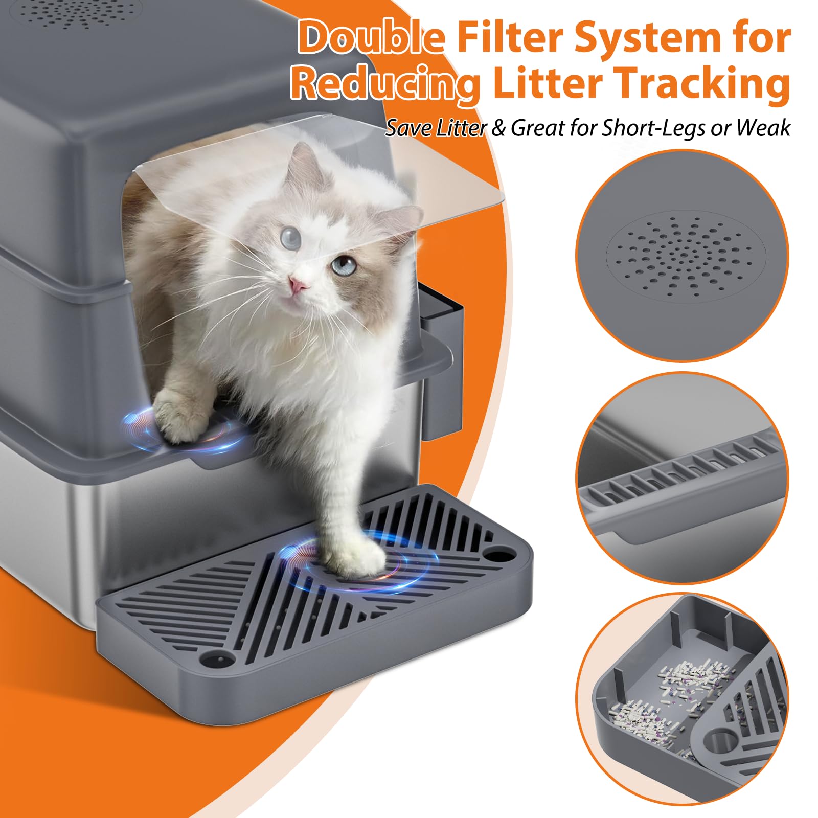 Stainless Steel Litter Box With Lid, Xl Metal Cat Litter Box With Removable High Sided Enclosed, Foot Pedal & Scoop & Litter Mat